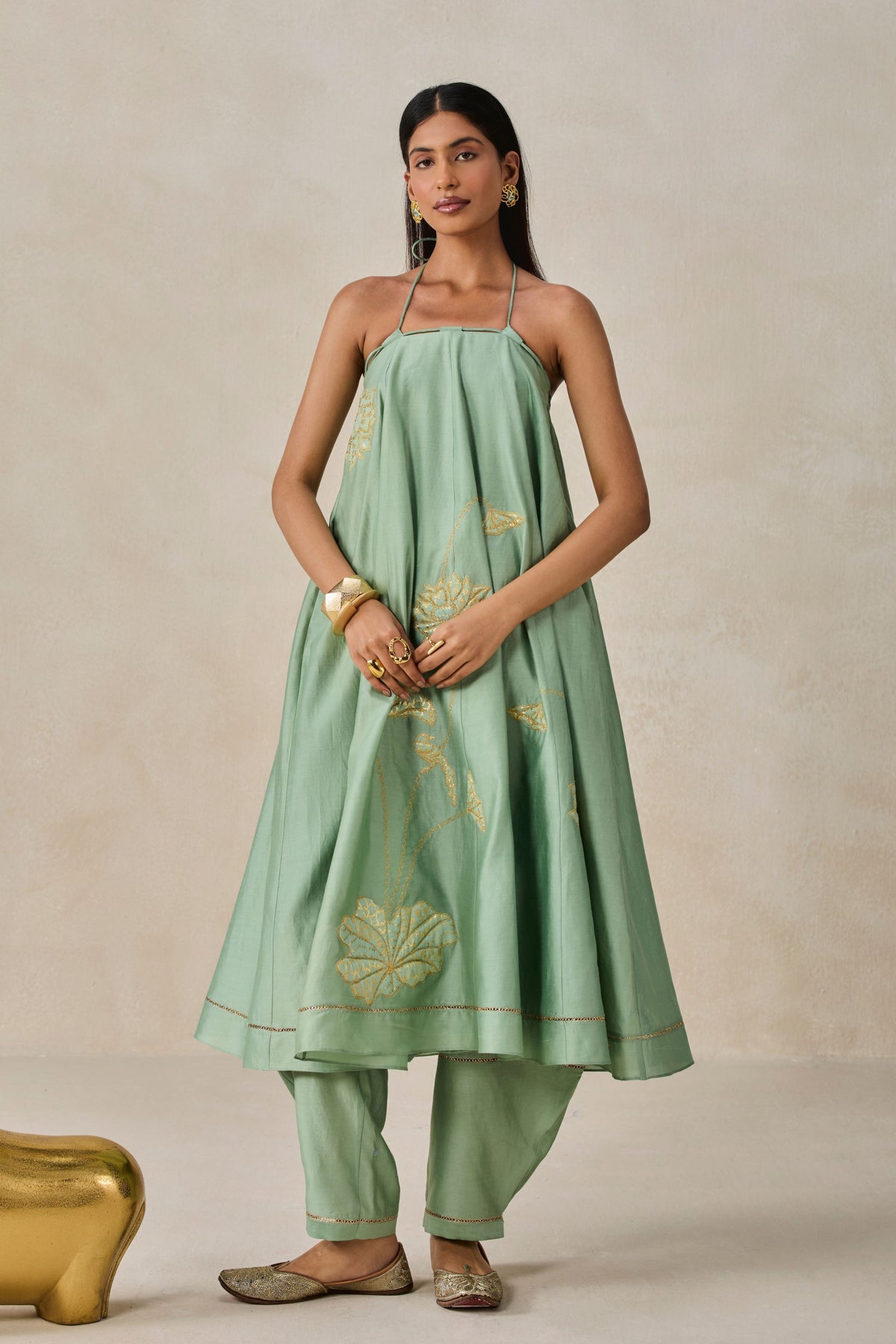 Green Offshoulder Kurta With Pants