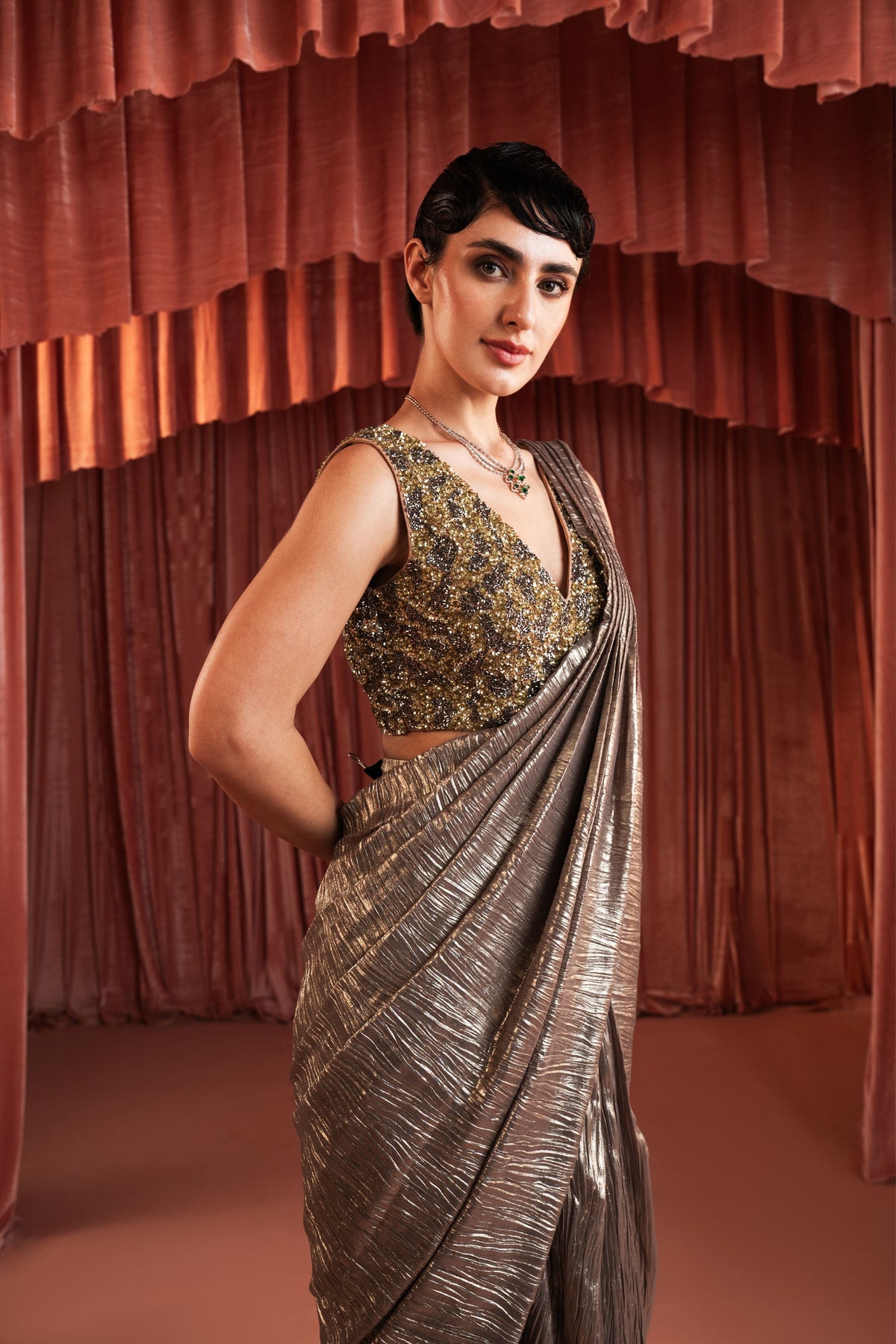 Silver Beaded Draped Saree Set