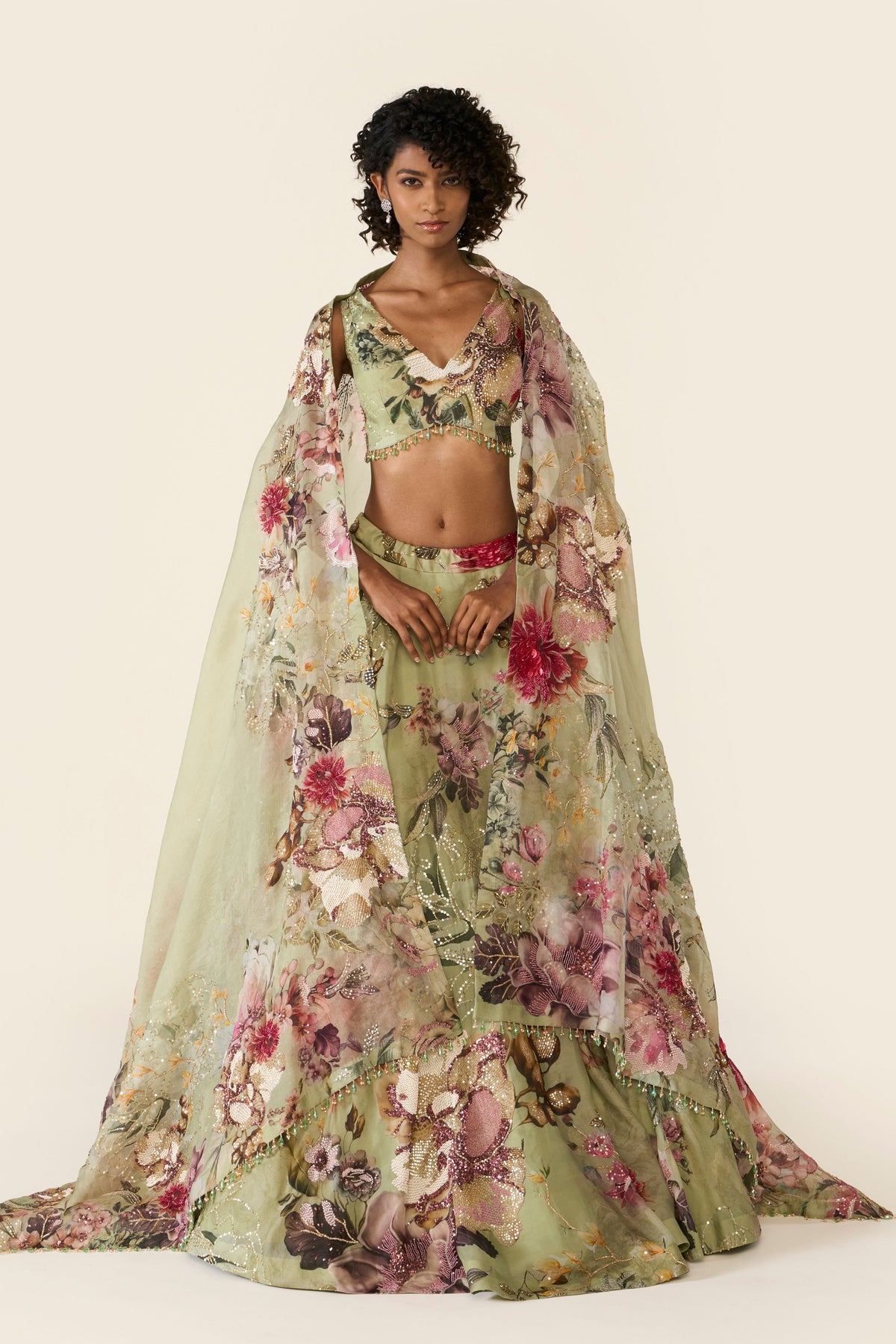 Green Printed Lehenga Set