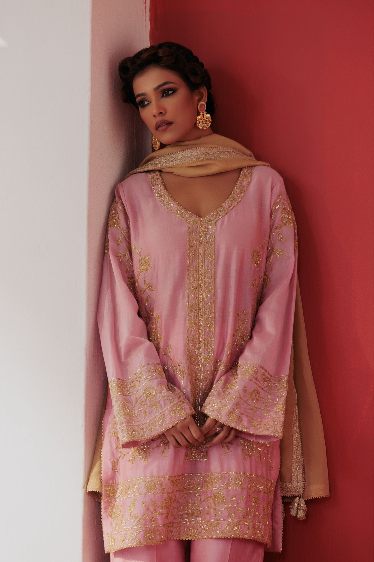 Pink Chanderi Short Kurta Set