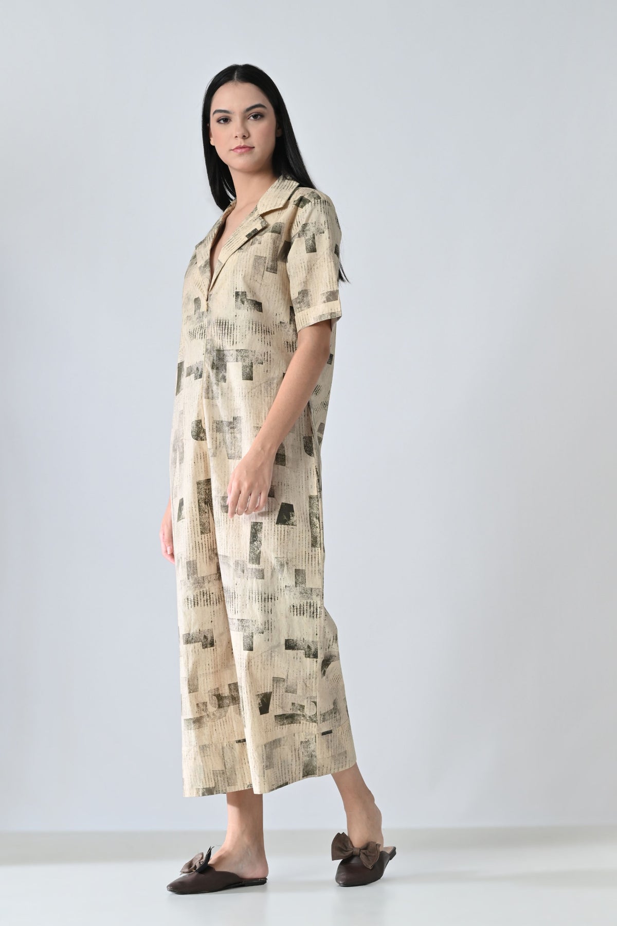 Beige Printed Relaxed Fit Jumpsuit