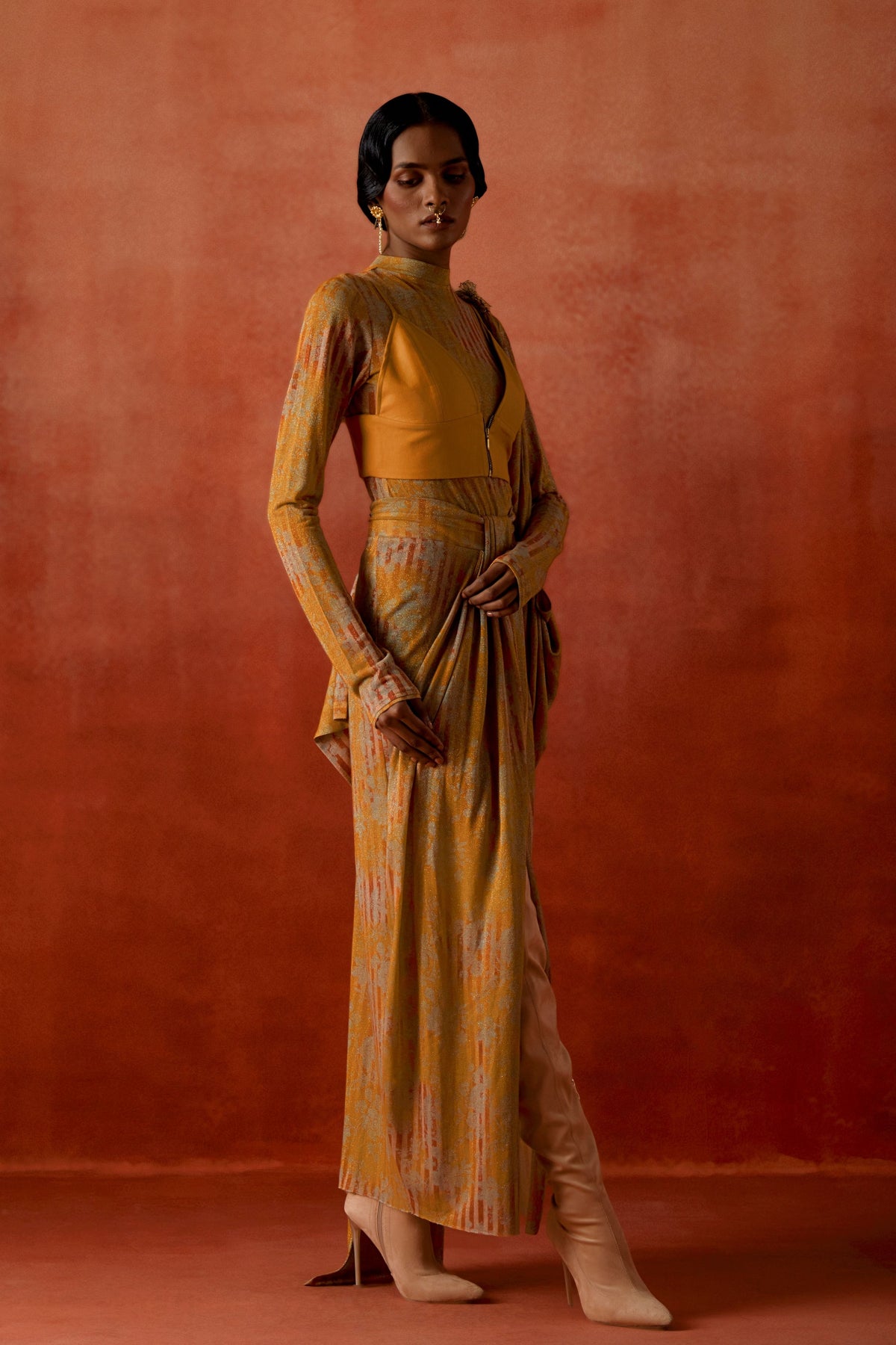 Gold Draped Sari Set