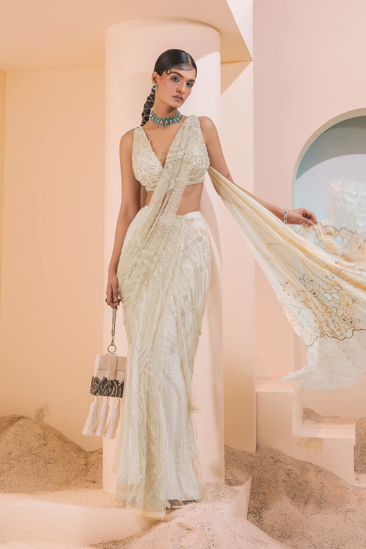 Cream Draped Saree Set