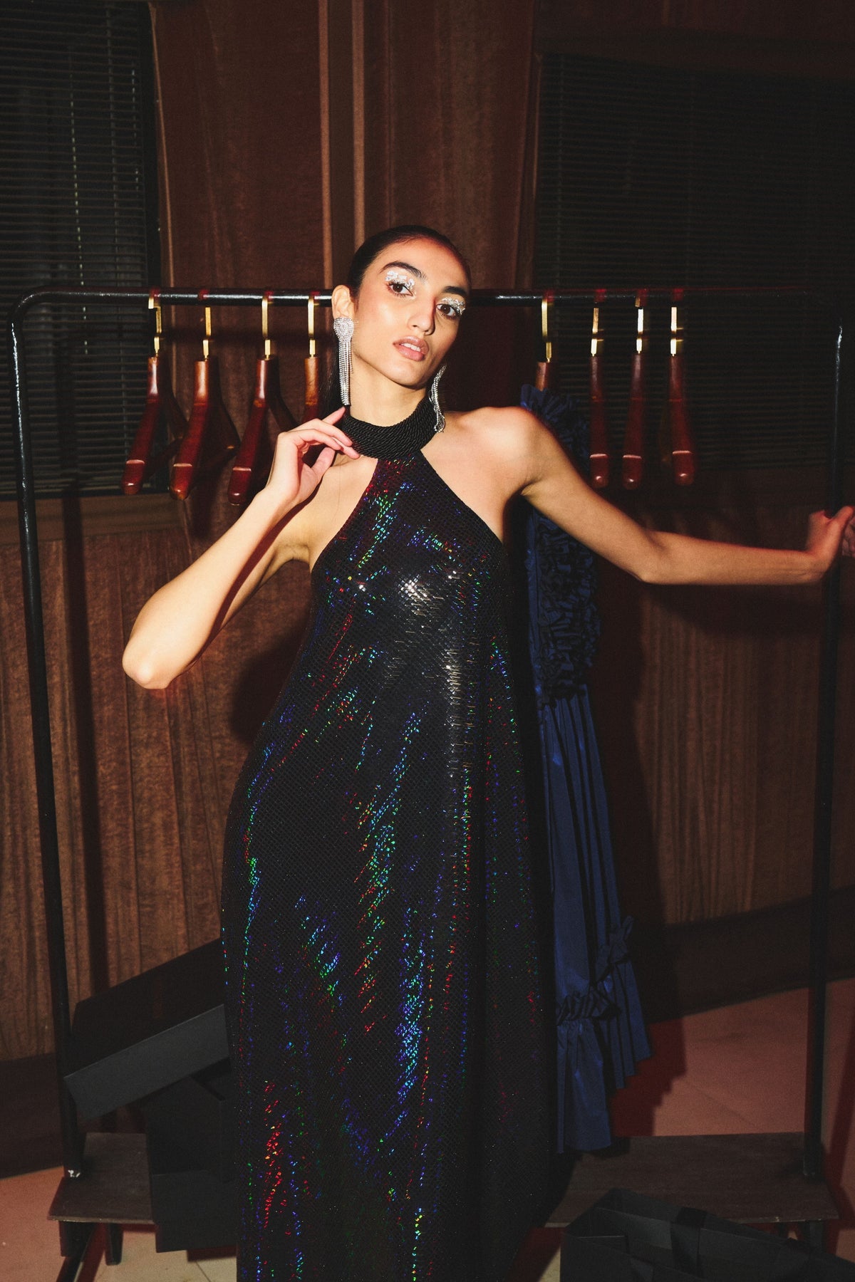 Metallic Jersey Rainbow Rope Neck Dress
