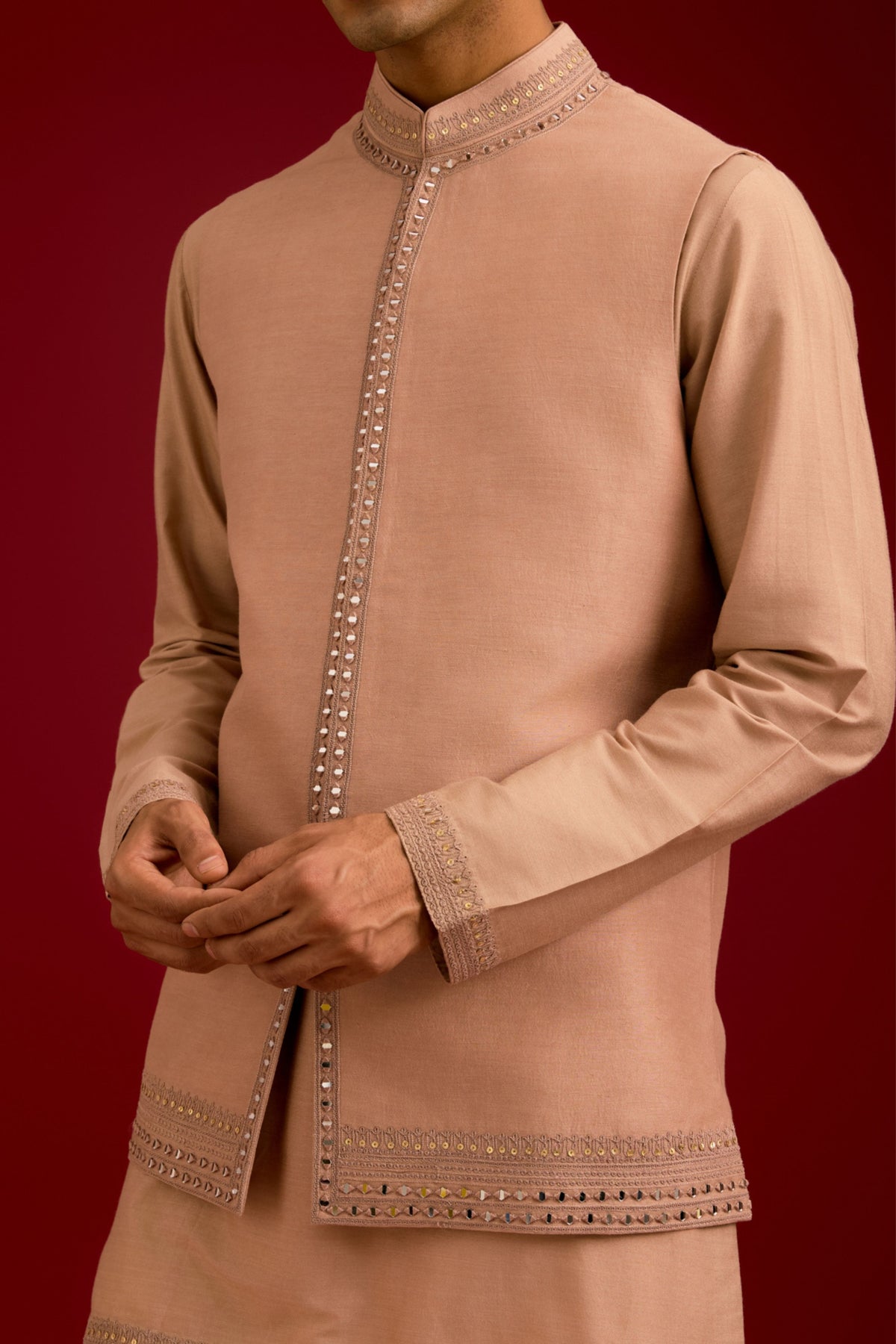 Beige Linen Satin Bundi Set