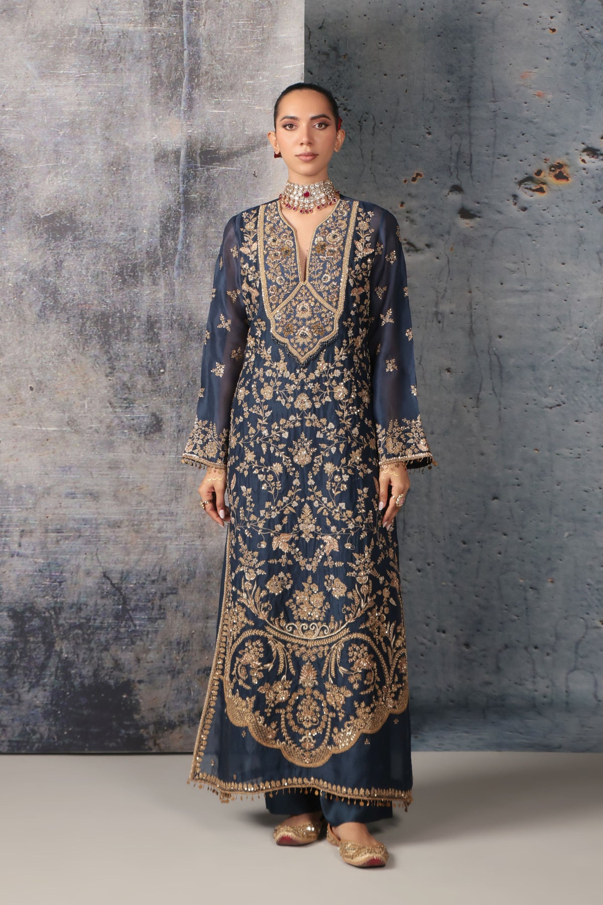 Blue Long Jaal Kurta Set
