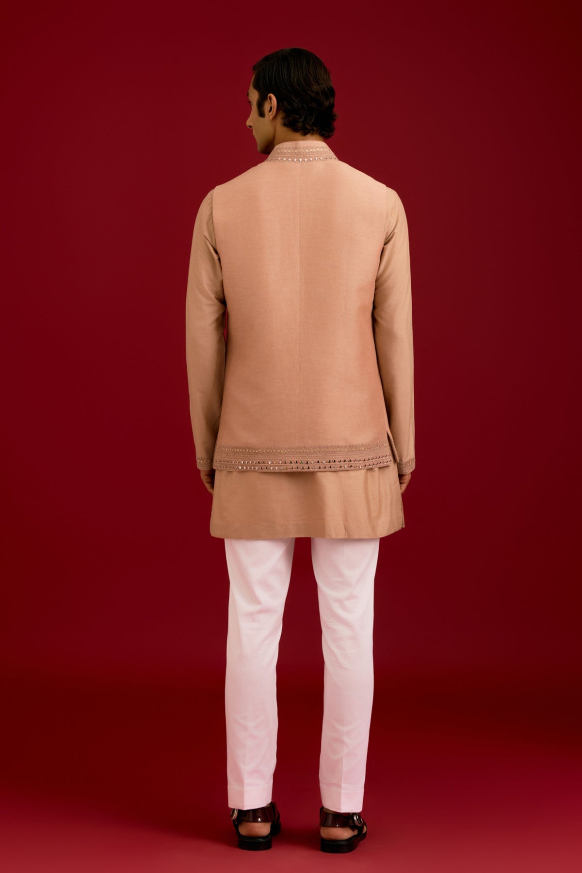 Beige Linen Satin Bundi Set