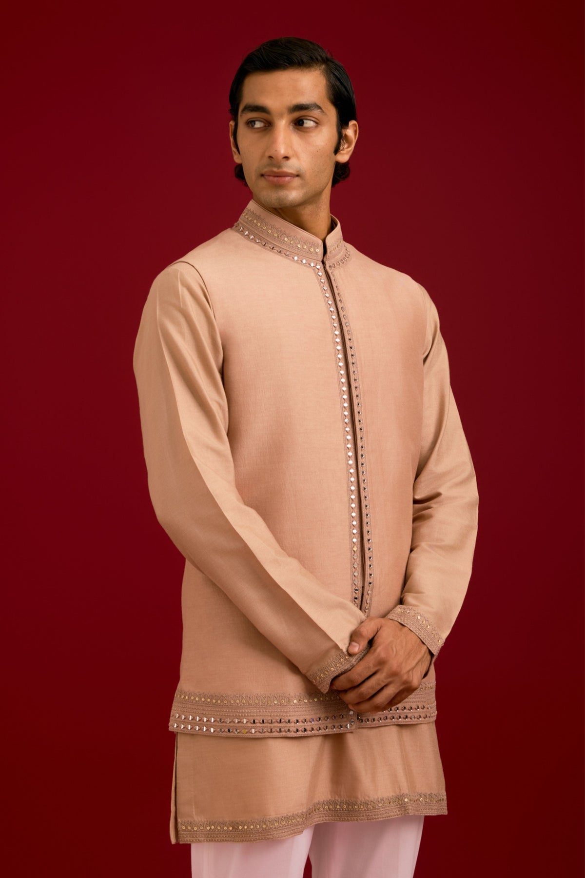 Beige Linen Satin Bundi Set