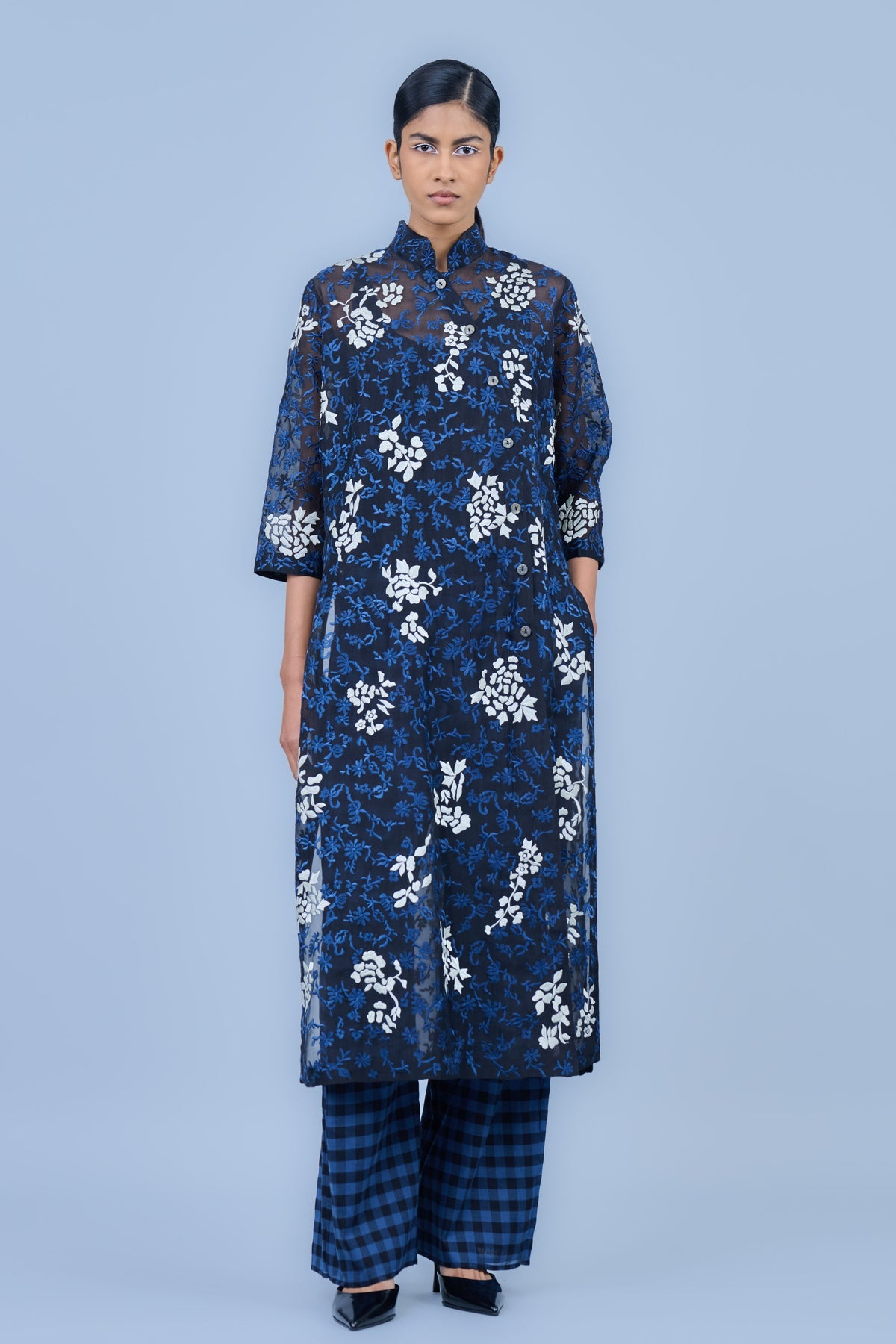 Threadwork Cotton Kurta in Blue Black