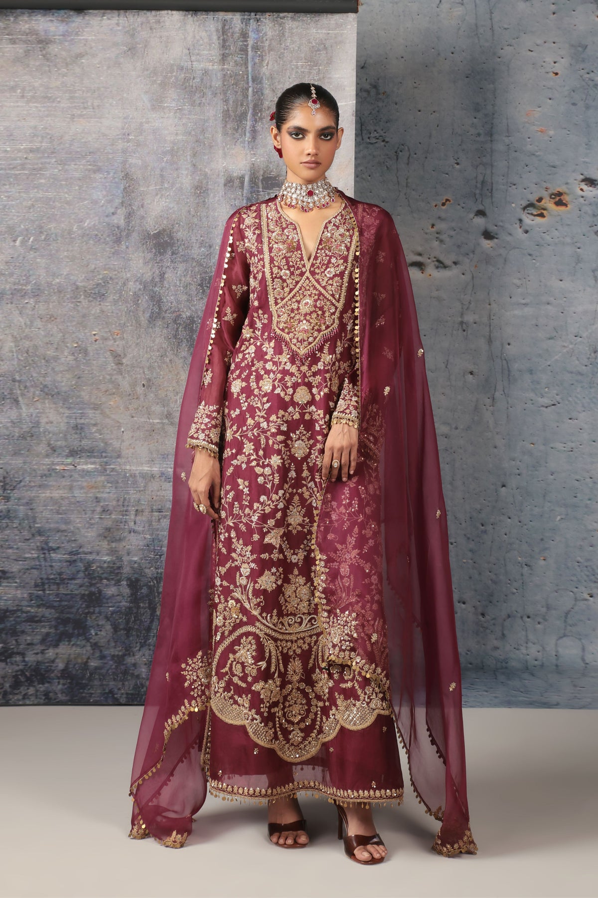 Wine Long Jaal Kurta Set