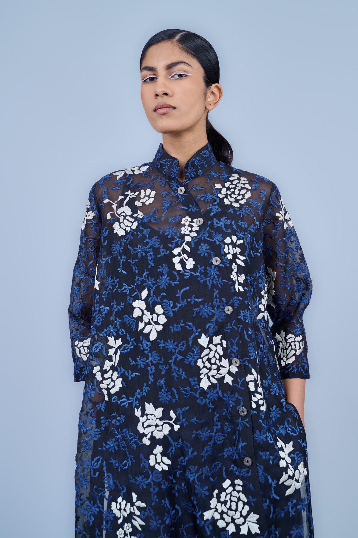 Threadwork Cotton Kurta in Blue Black