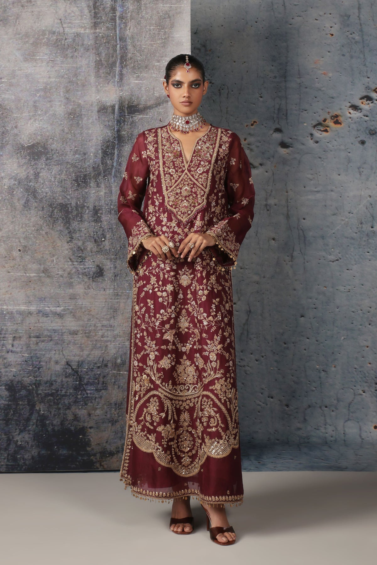 Wine Long Jaal Kurta Set