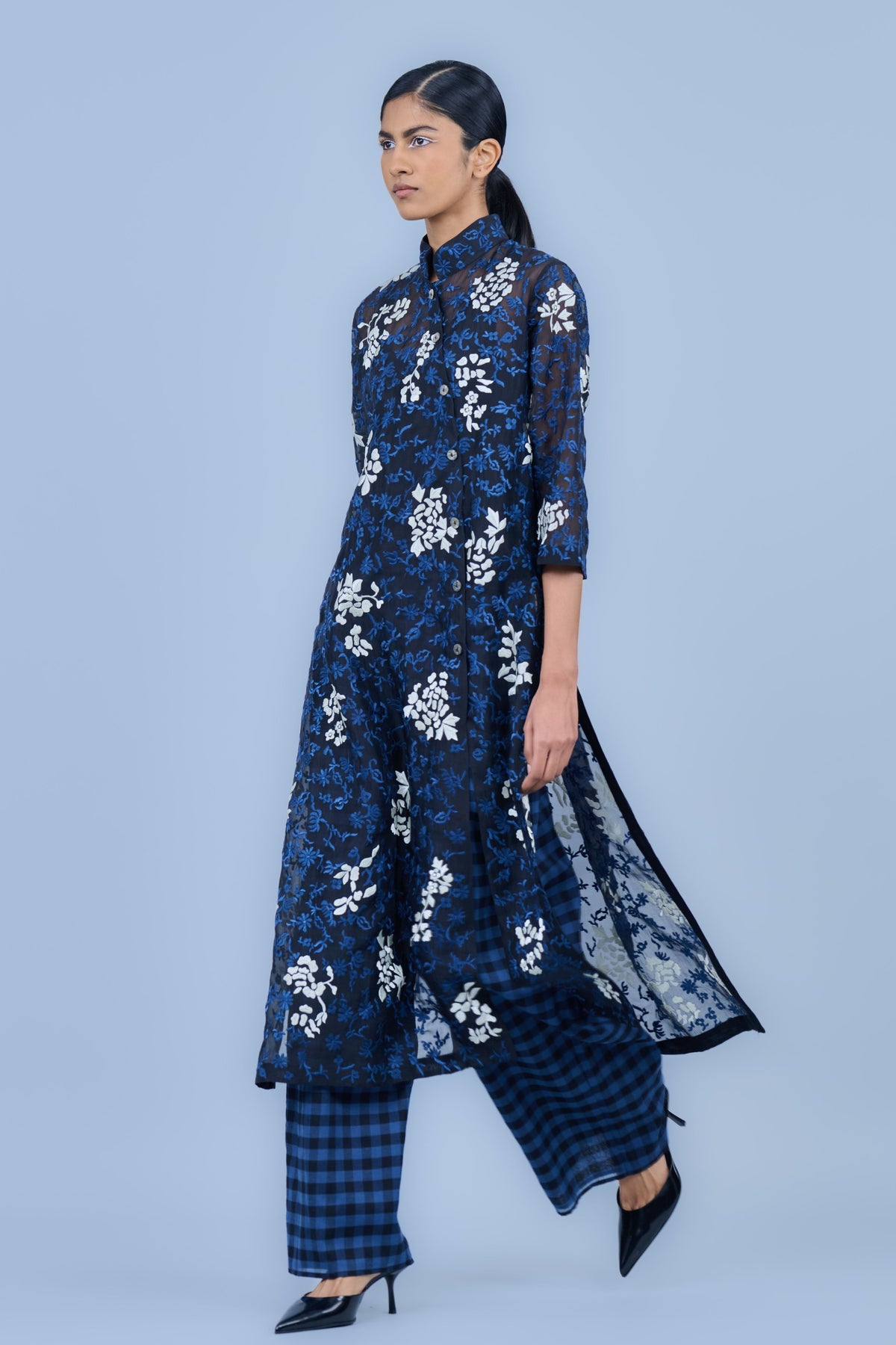 Threadwork Cotton Kurta in Blue Black