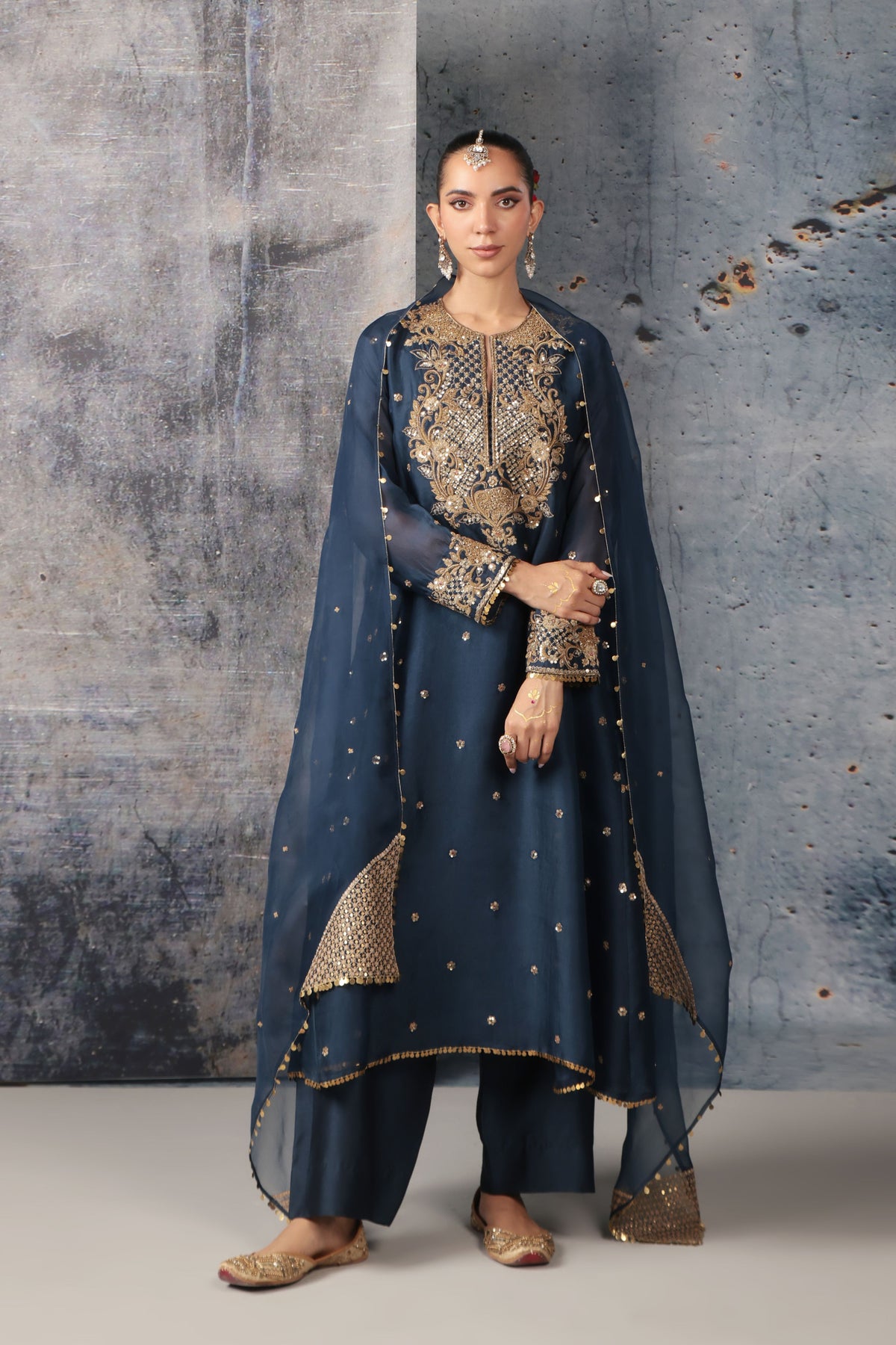 Blue Long Pheran Kurta Set