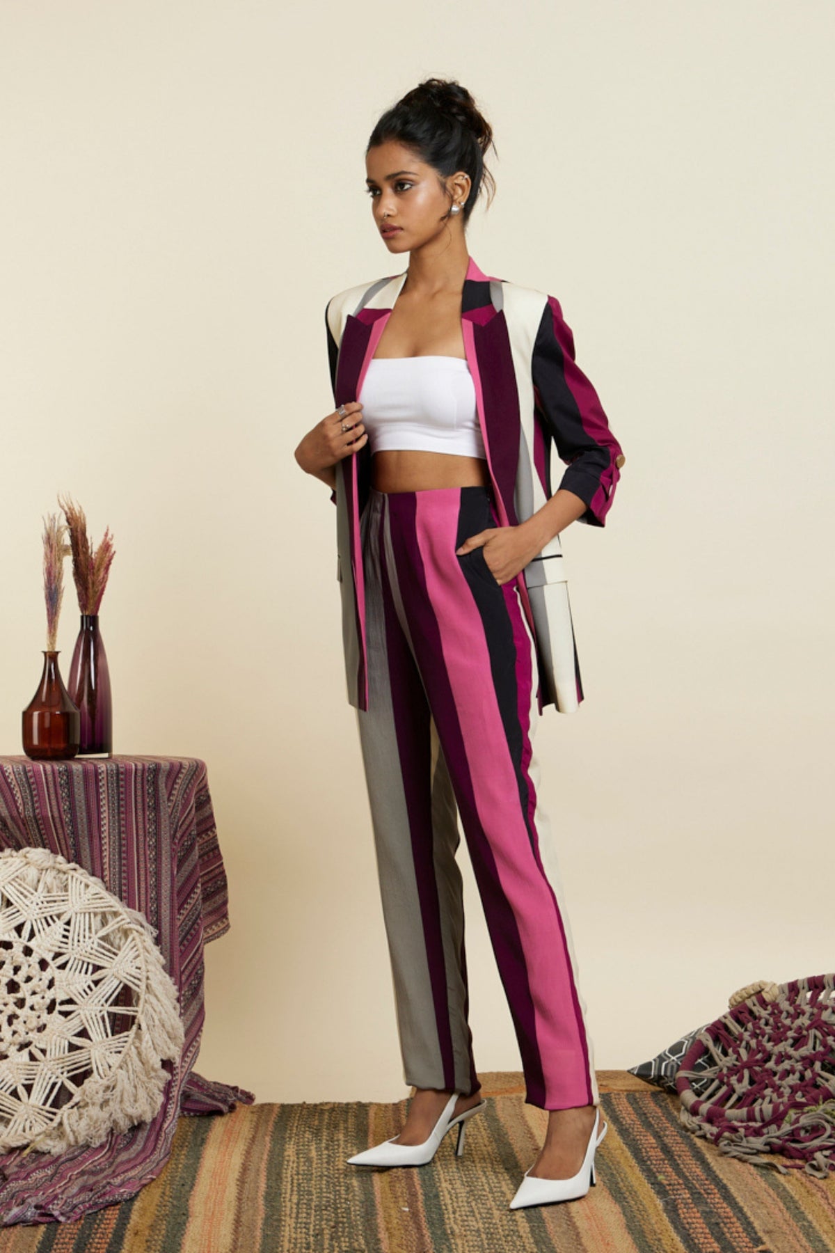 Merlot Stripe Print Blazer Set