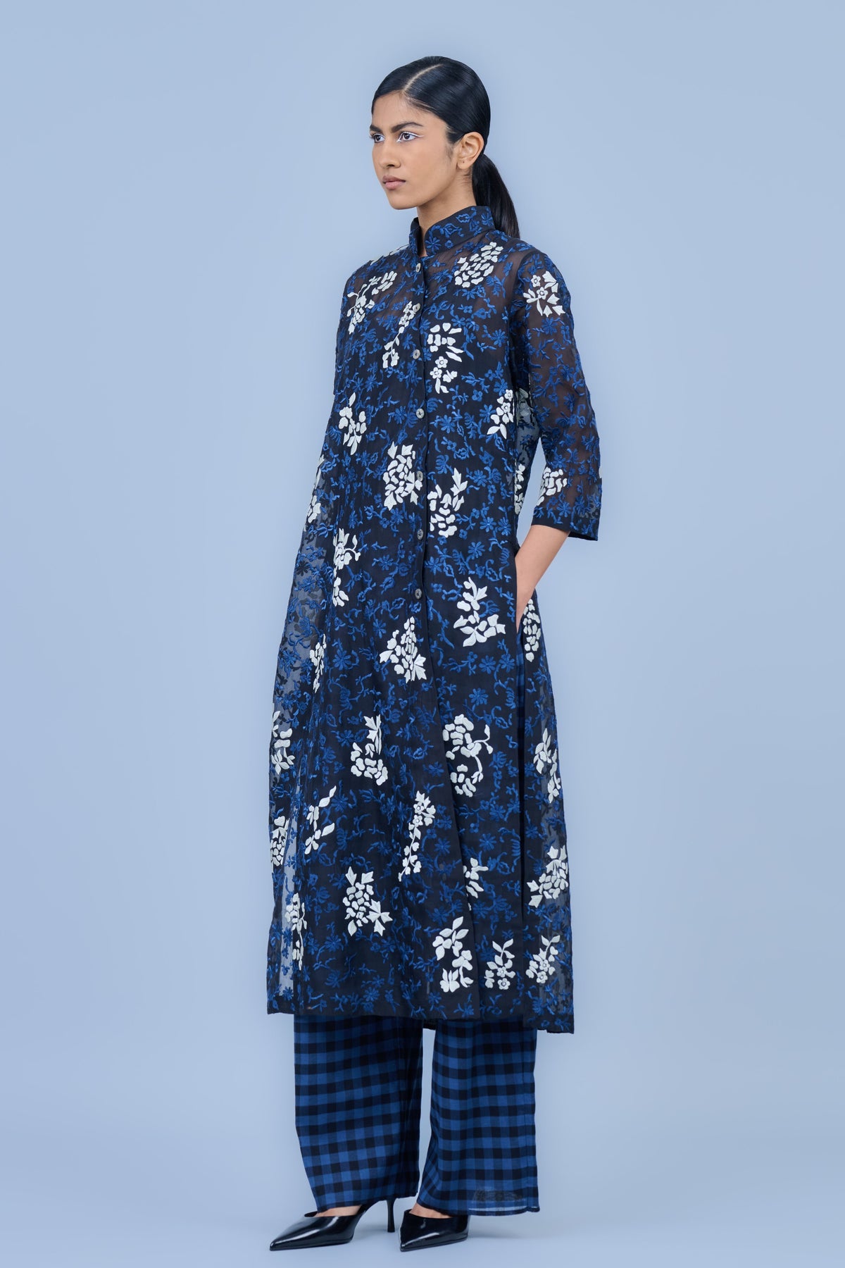 Threadwork Cotton Kurta in Blue Black
