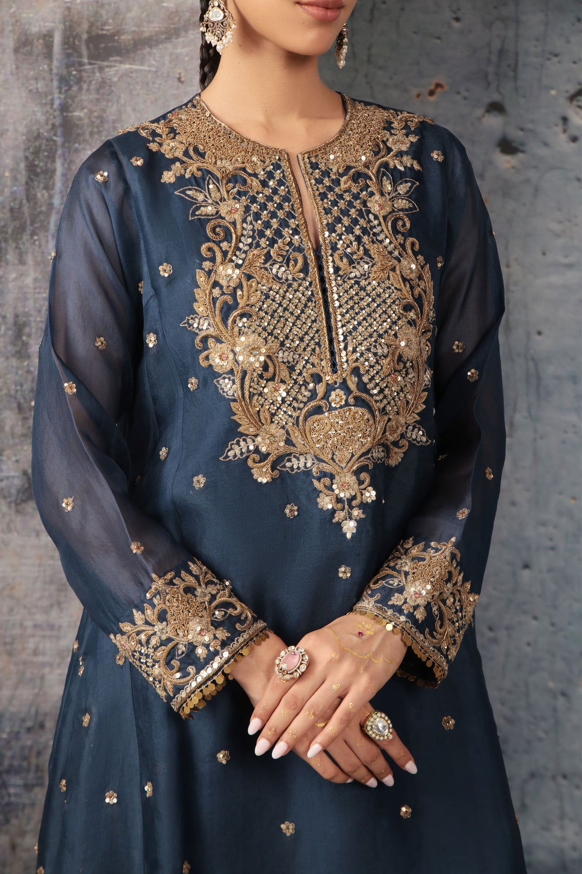 Blue Long Pheran Kurta Set