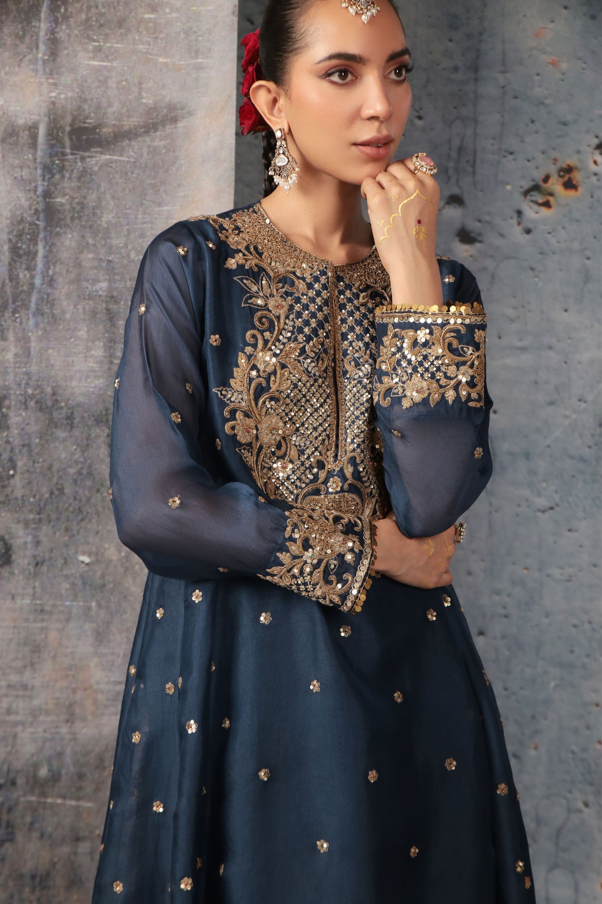 Blue Long Pheran Kurta Set