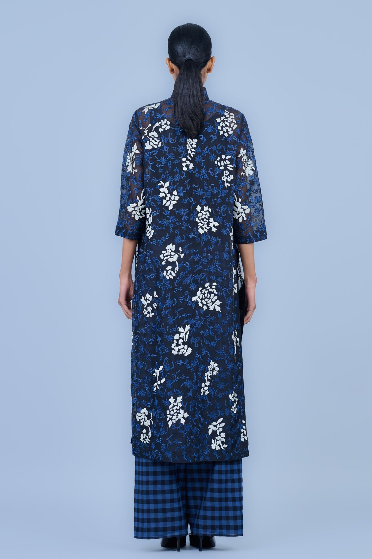 Threadwork Cotton Kurta in Blue Black