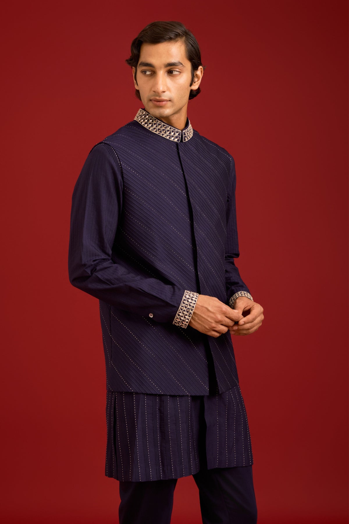 Navy Cotton Silk Bundi Set