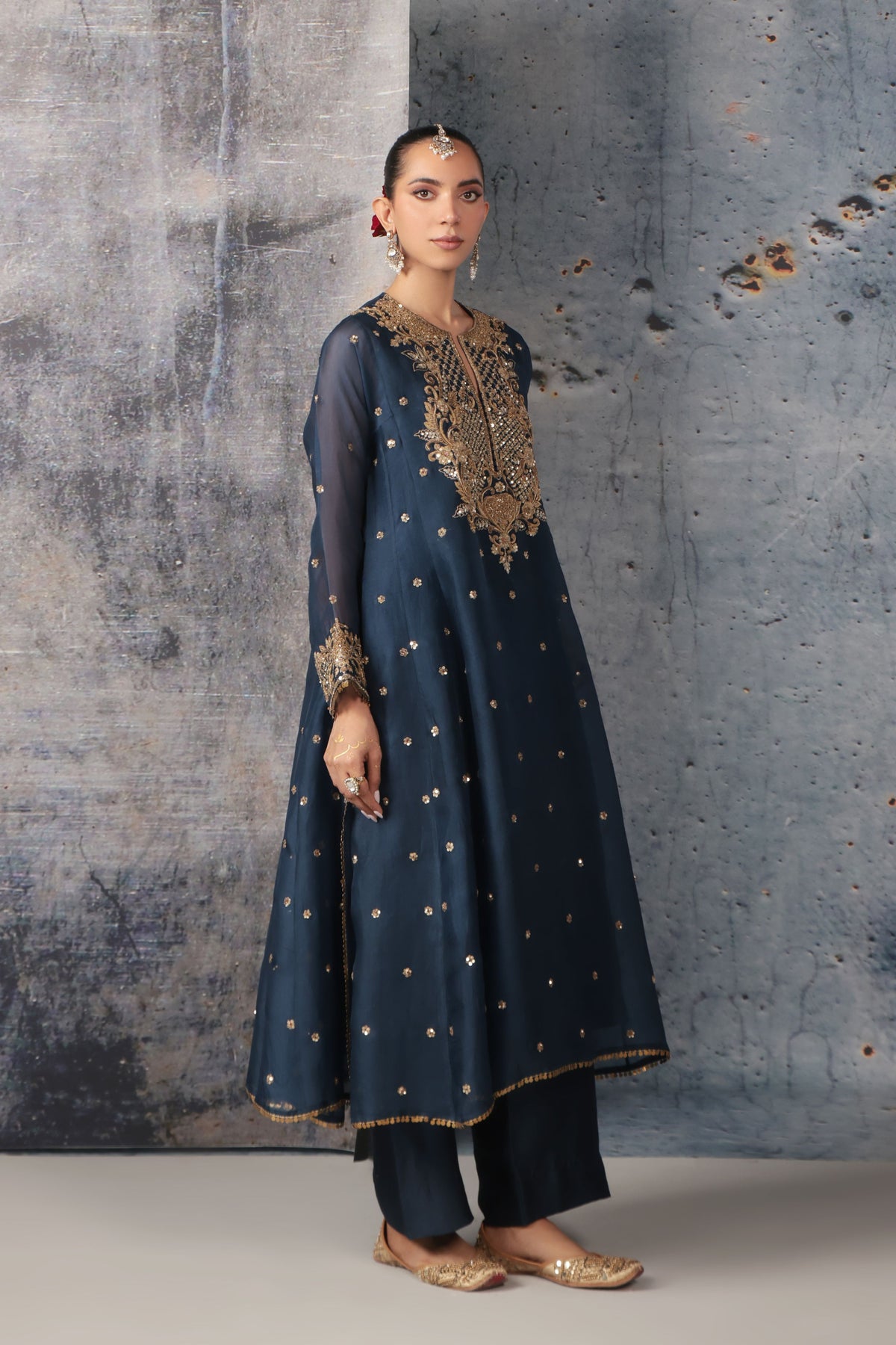 Blue Long Pheran Kurta Set