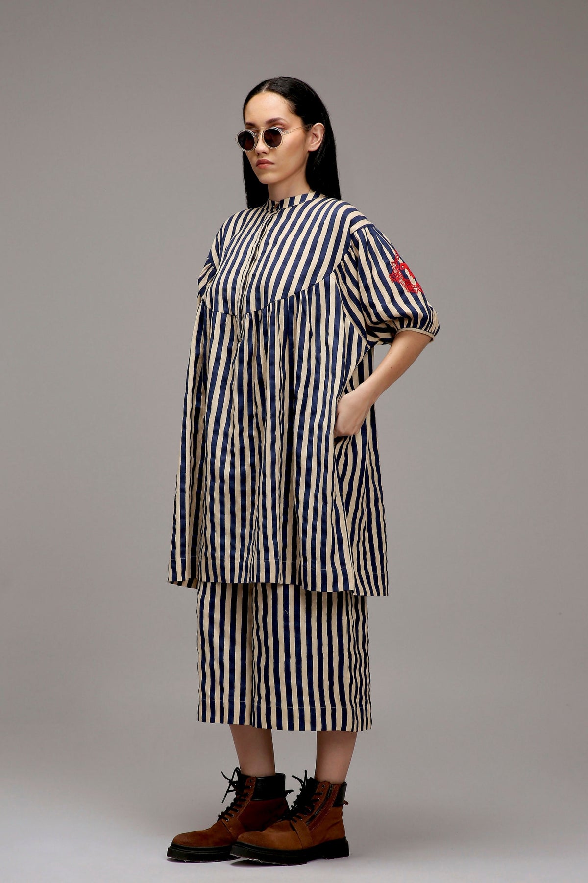 Egg-shell Blue Striped Tunic Set