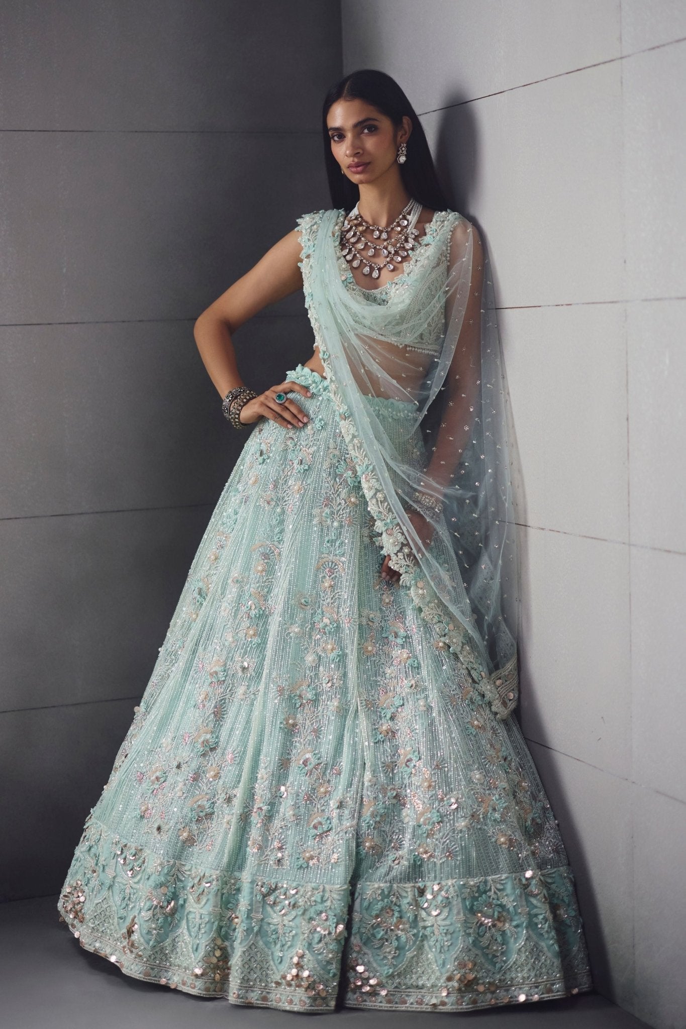 Aqua Embellished Lehenga Set - Awigna - Elahe