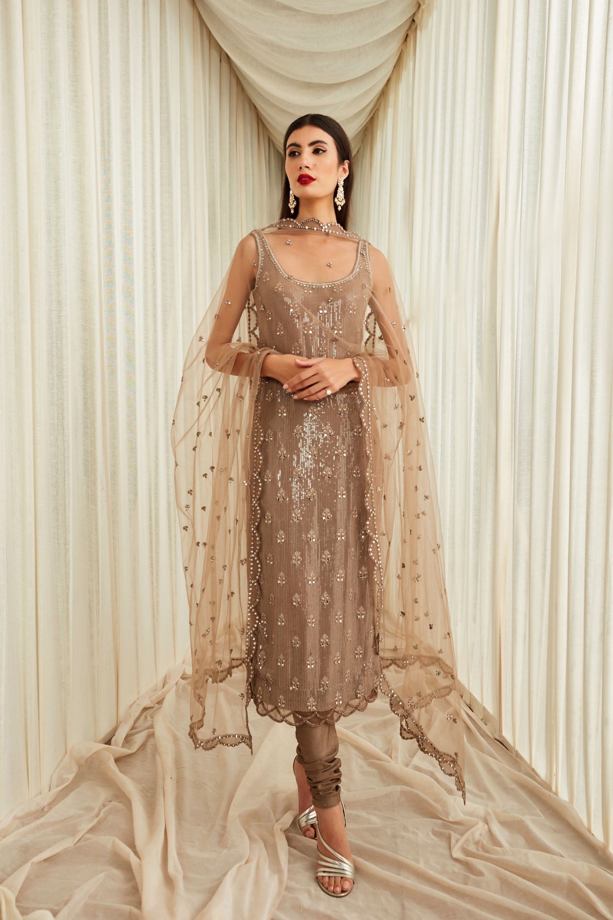 Taupe Sequined Mirror Kurta Set