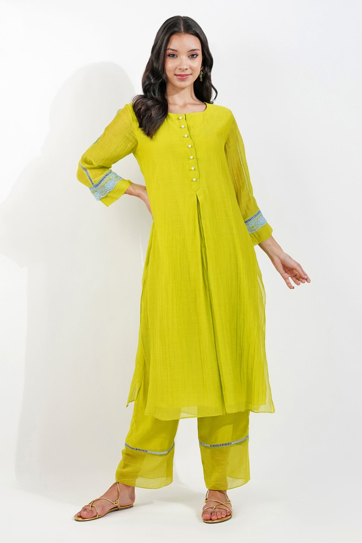 Lime Chanderi Kurta Set