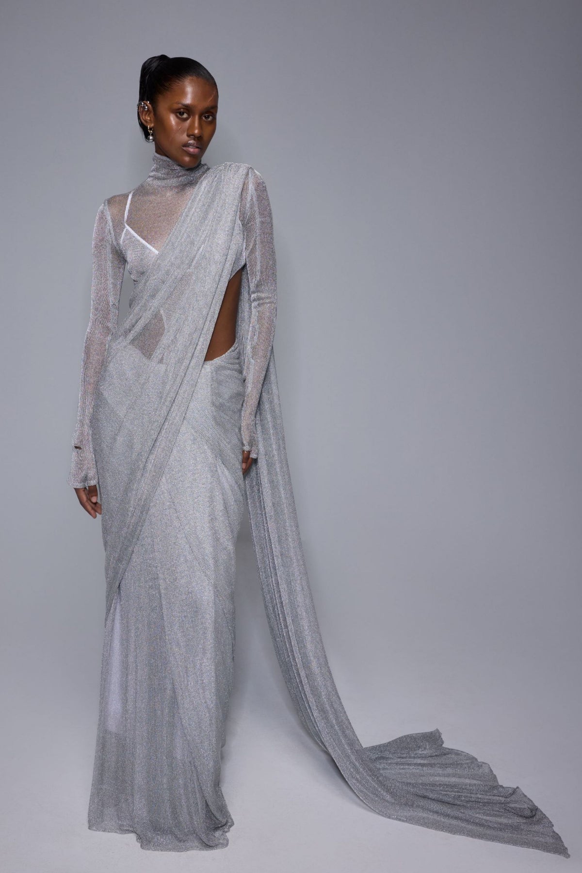 Silver Mesh Saree Set