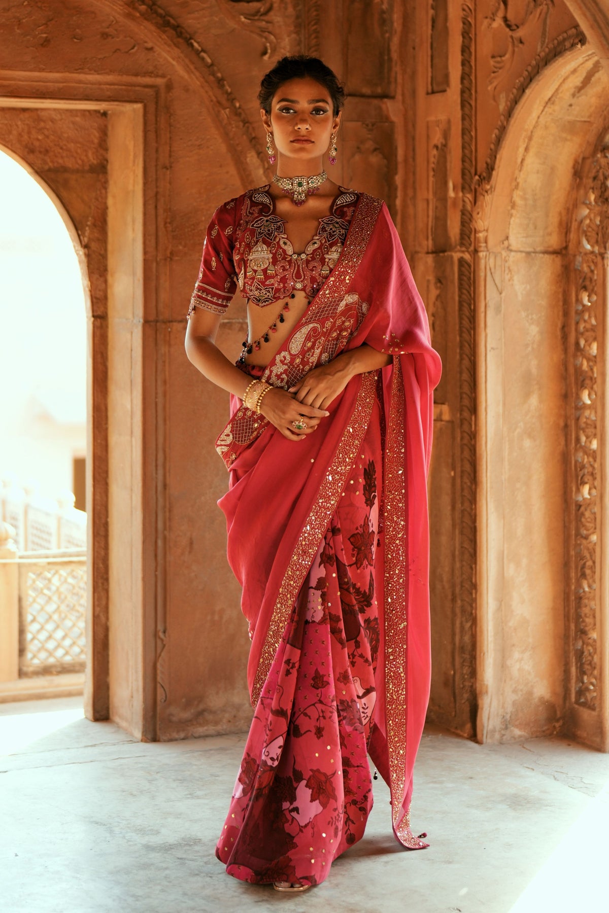 Pink Organza Embroidered Saree Set