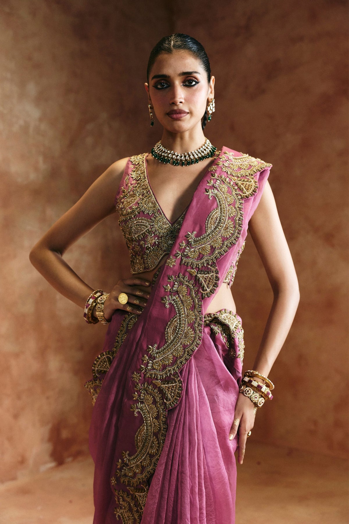 Peach Gold Sindh Zardozi Saree Set
