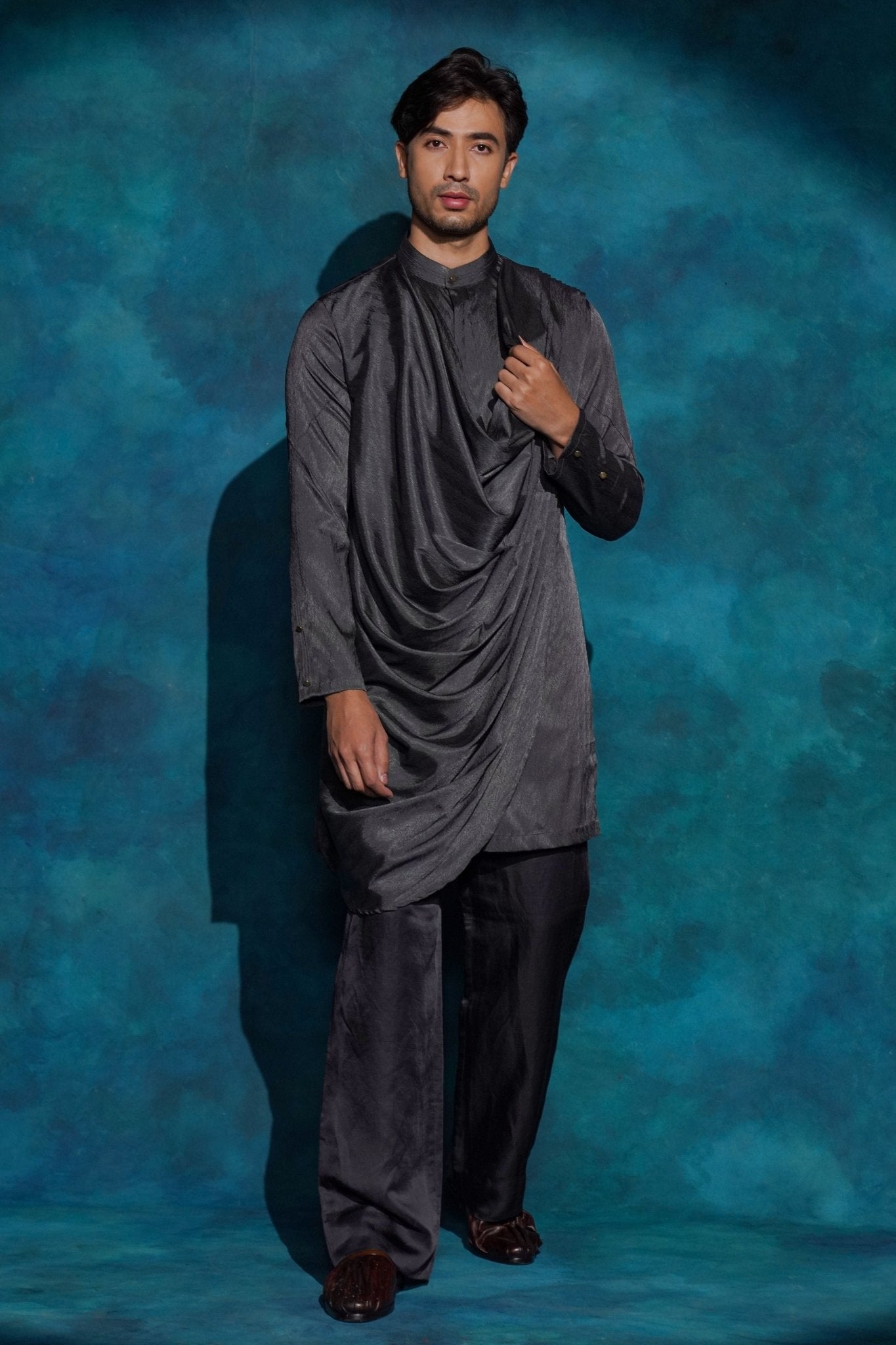 Charcoal Gray Drape Kurta Set - Jatin Malik - Elahe