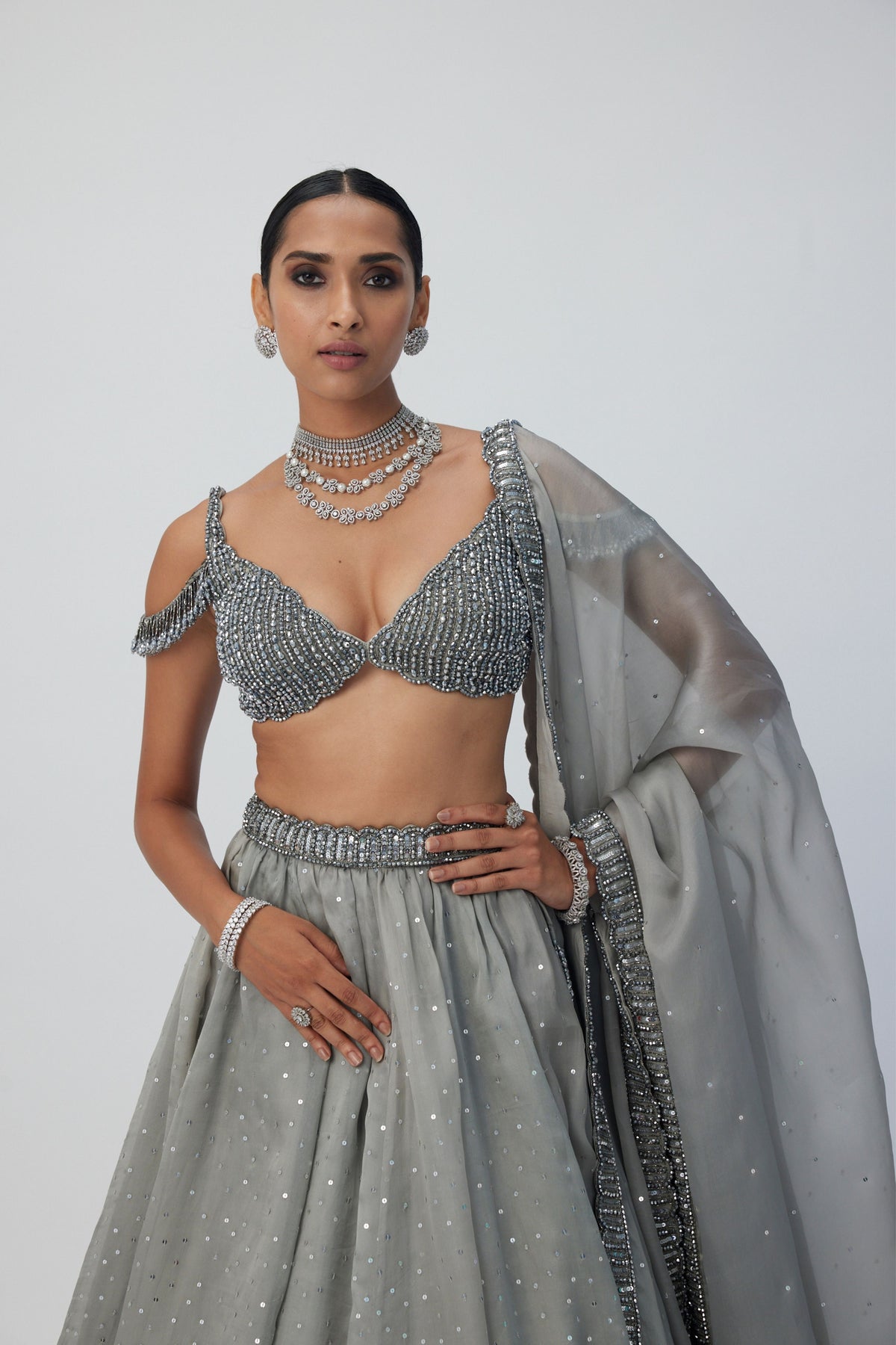 Crystal Grey Scattered Lehenga Set
