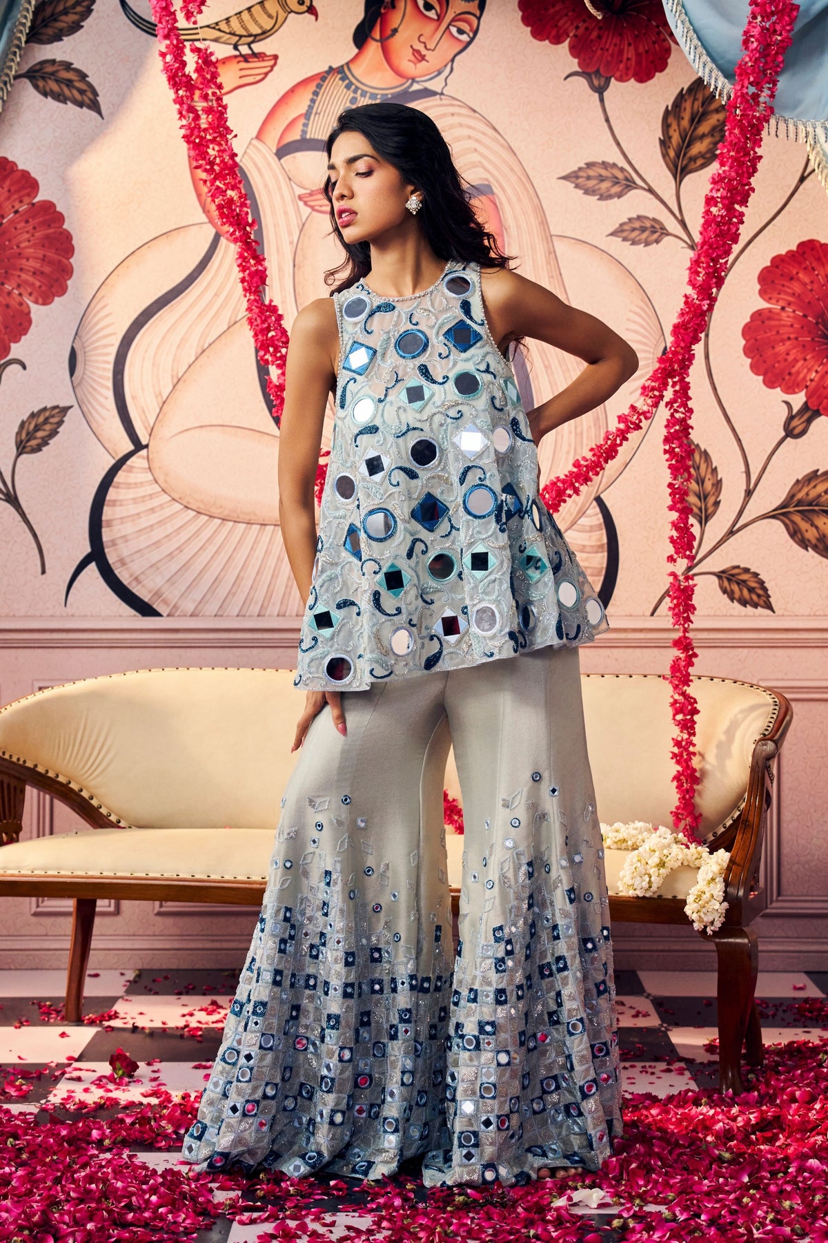 Blue Mirror Sharara Set