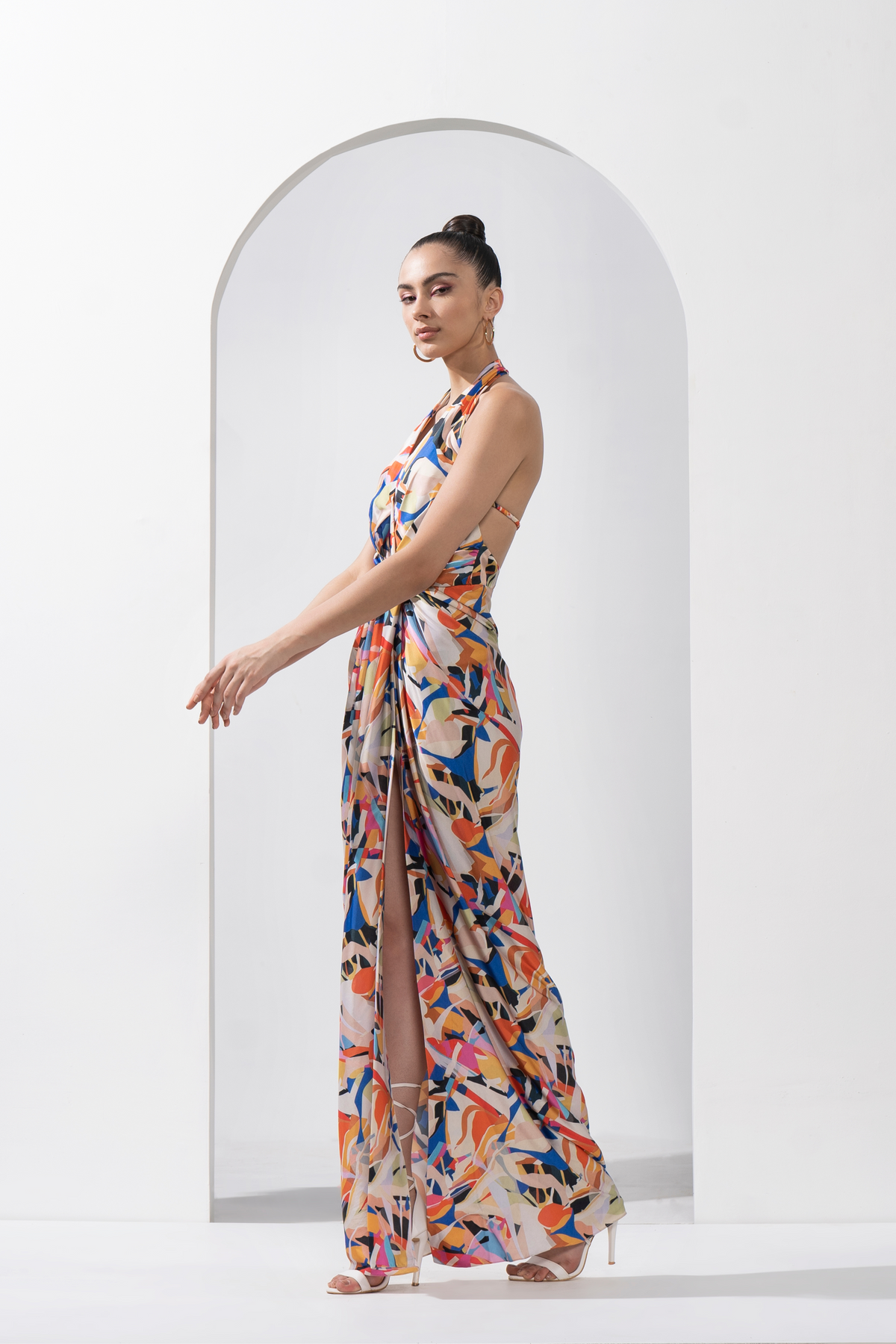 Abstract Geo Printed Draped Halter Neck Dress