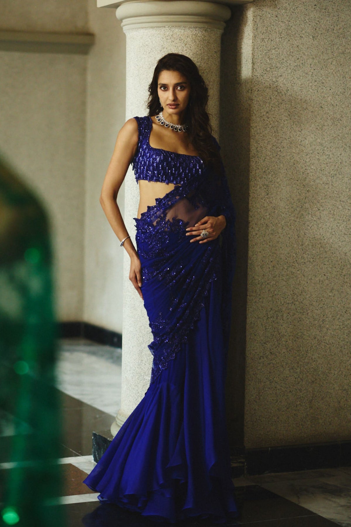 Ink Blue Draped Saree Set