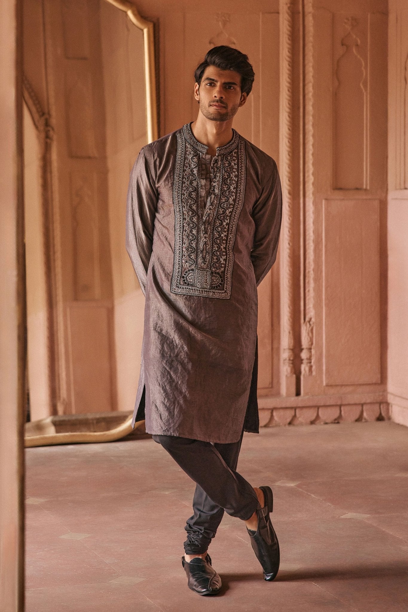 Black Tissue Kurta Set - Anjanaa M Dang Menswear - Elahe