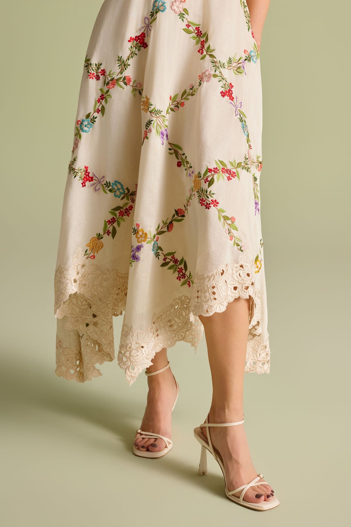 Ivory Floral Vines Ruched Dress