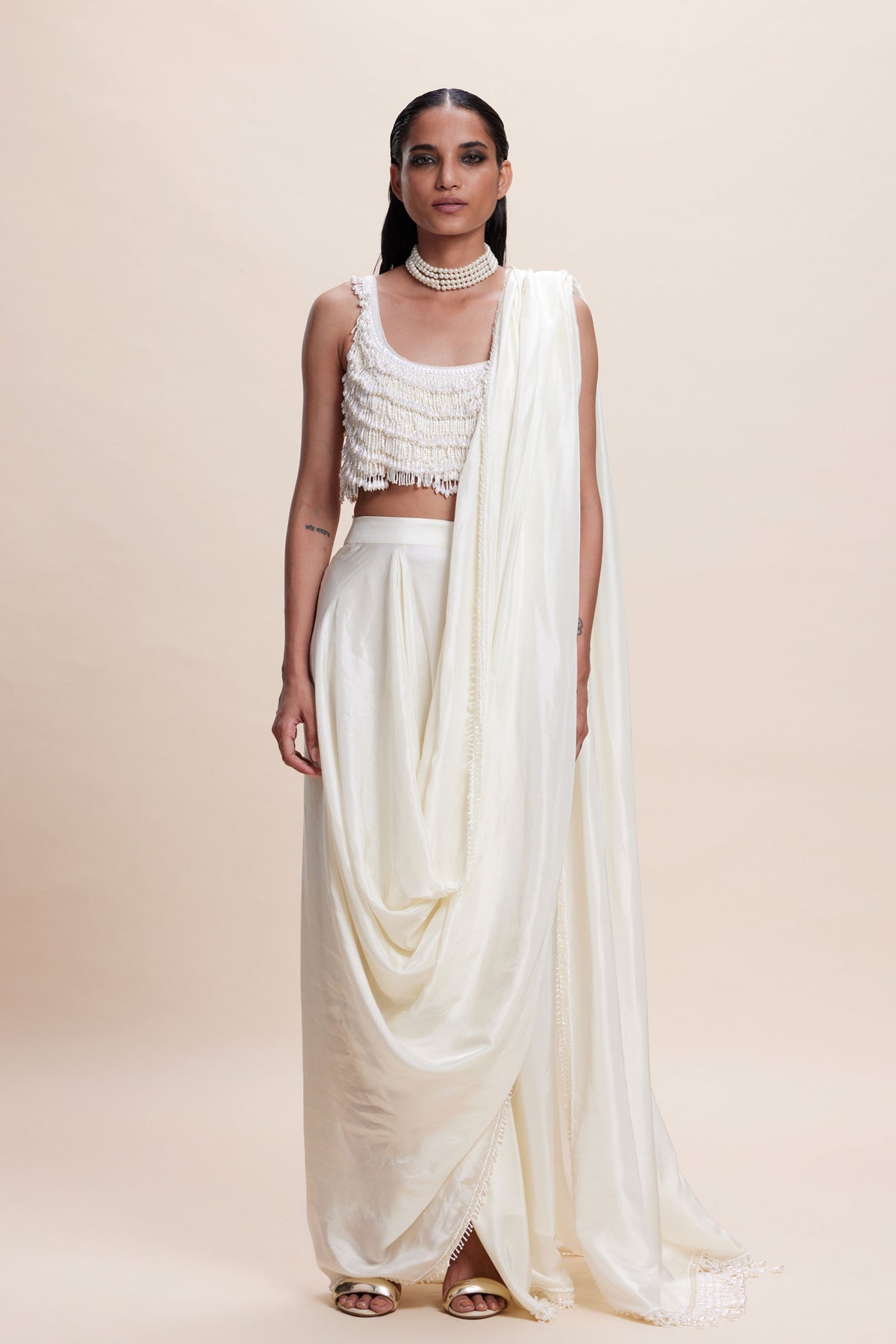 White Embellished Draped Saree Set