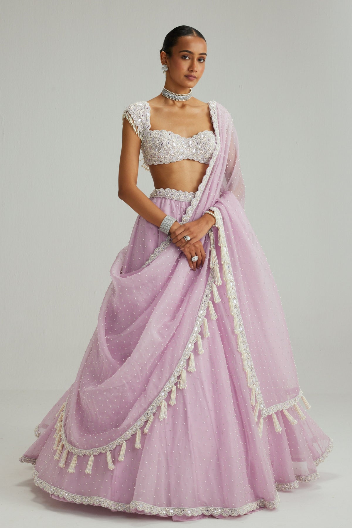 Lavender Mirror and Pearl Lehenga Set