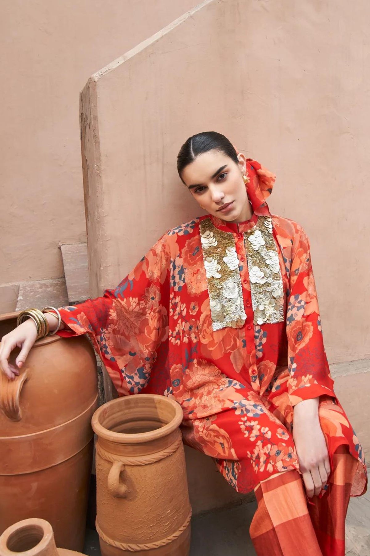 Red Moroccan Coin Yoke Co-ord Set