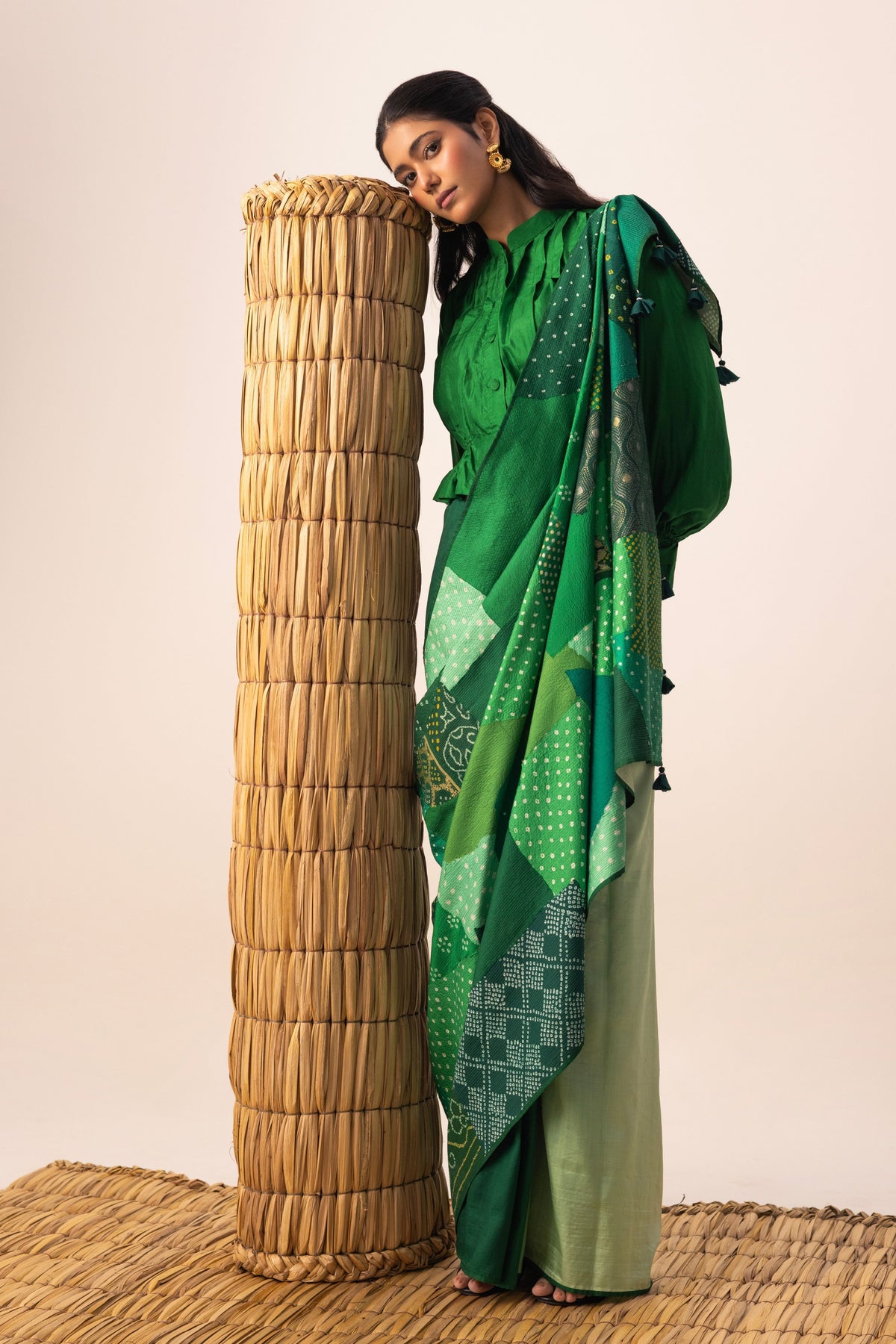 Green Bandhani Patchwork Saree set