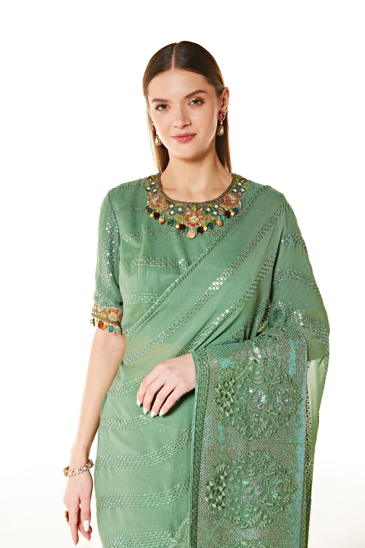 Zaynab Forest Green Saree Set