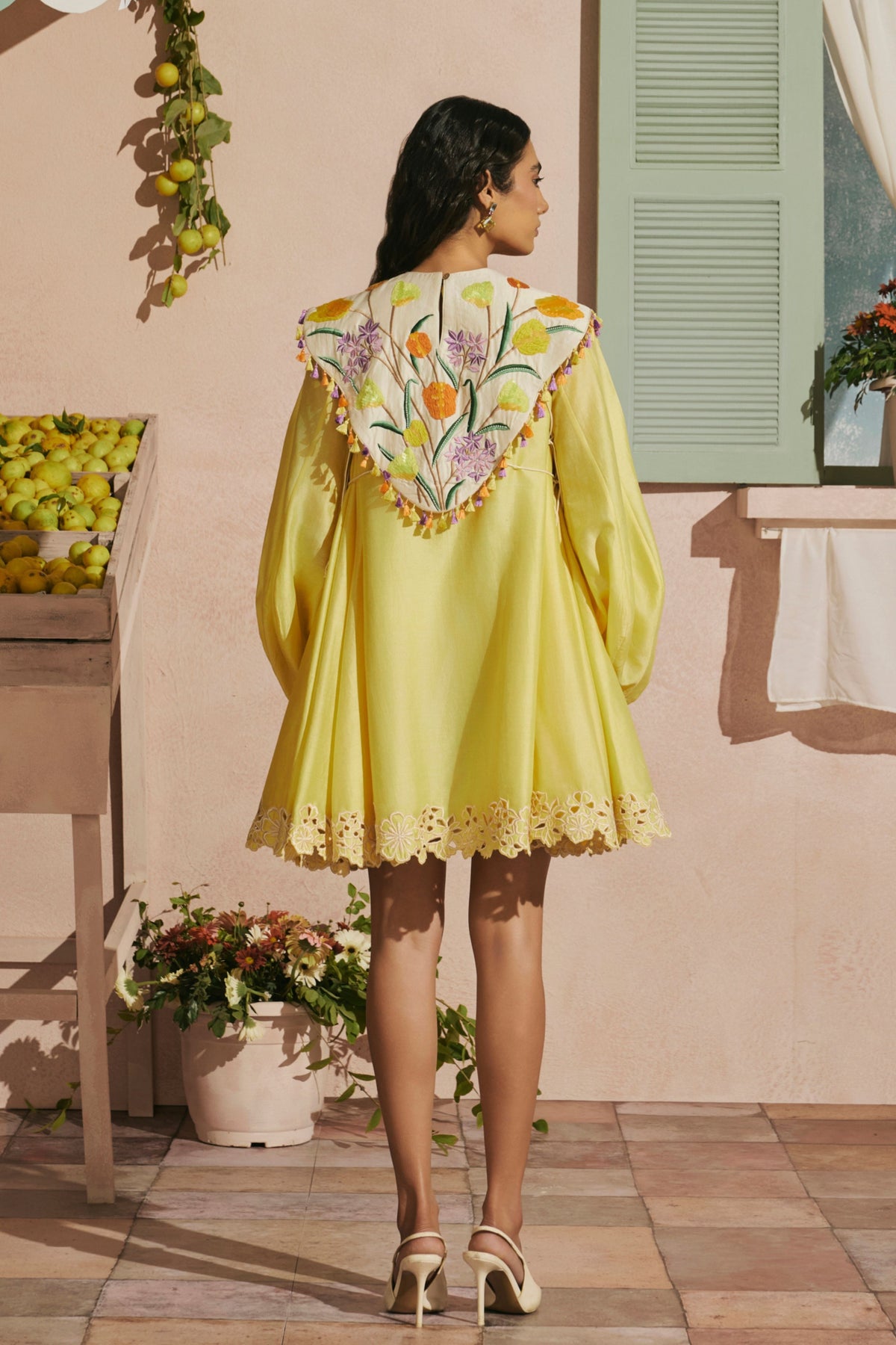Butter Yellow Short Dress With Tulip Cape