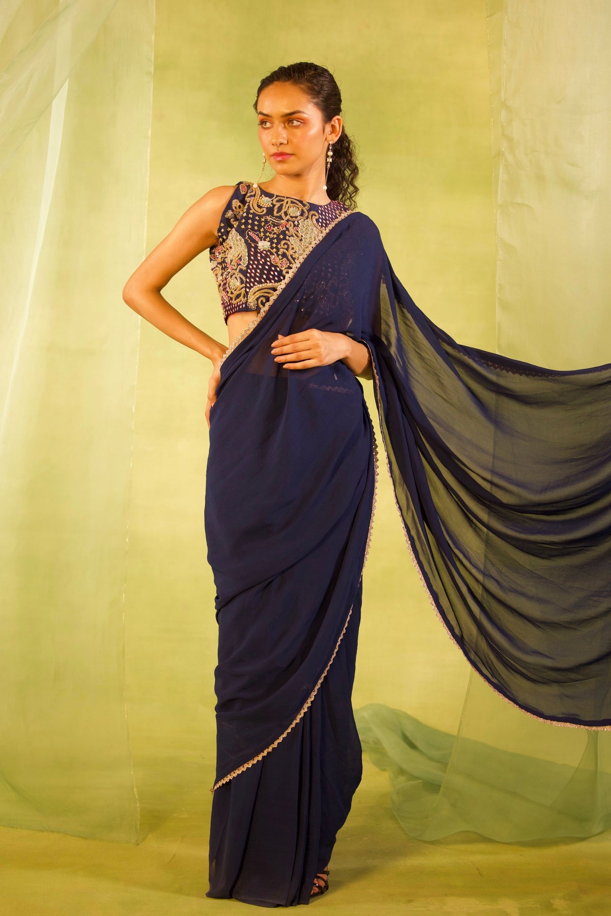 Navy Blue Embroidered Saree Set