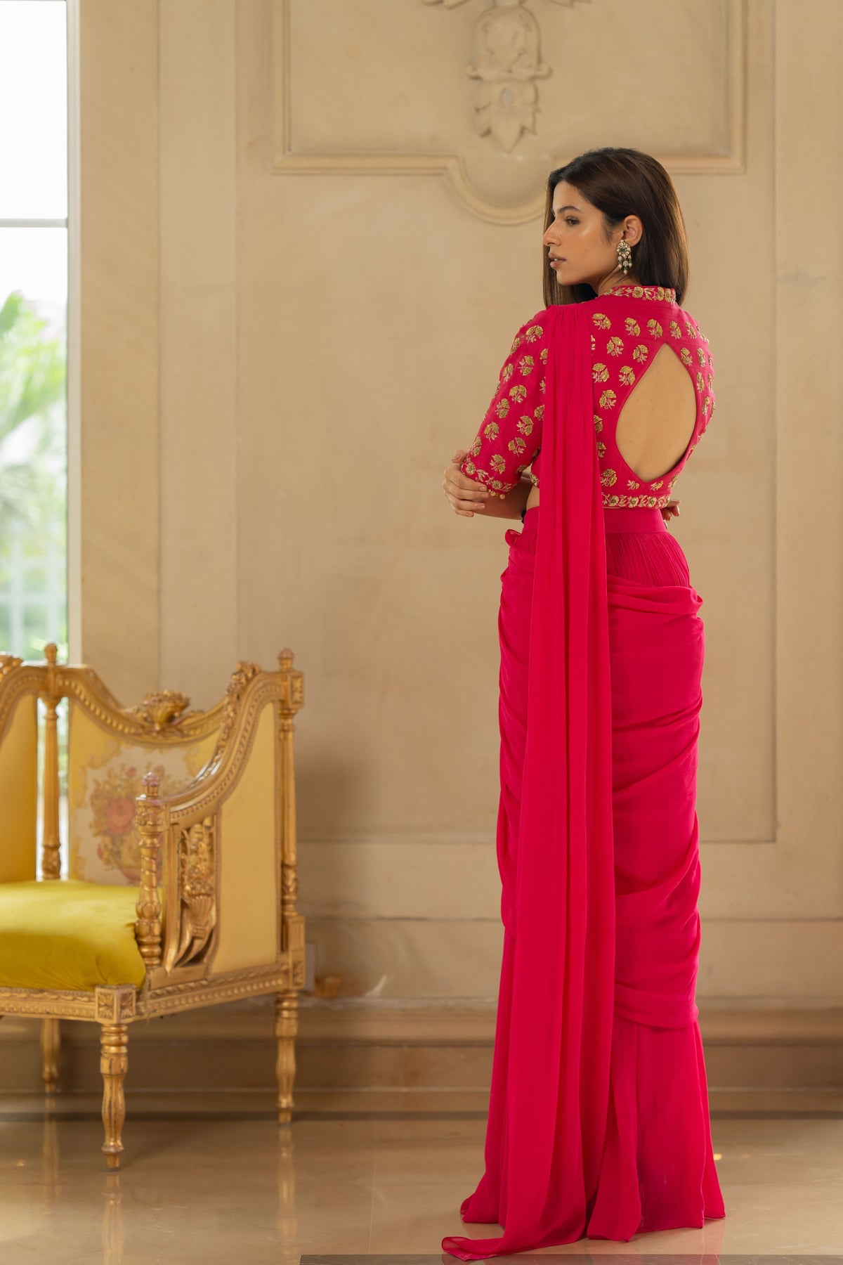 Rani Pink Antique Embroidered Sari Set