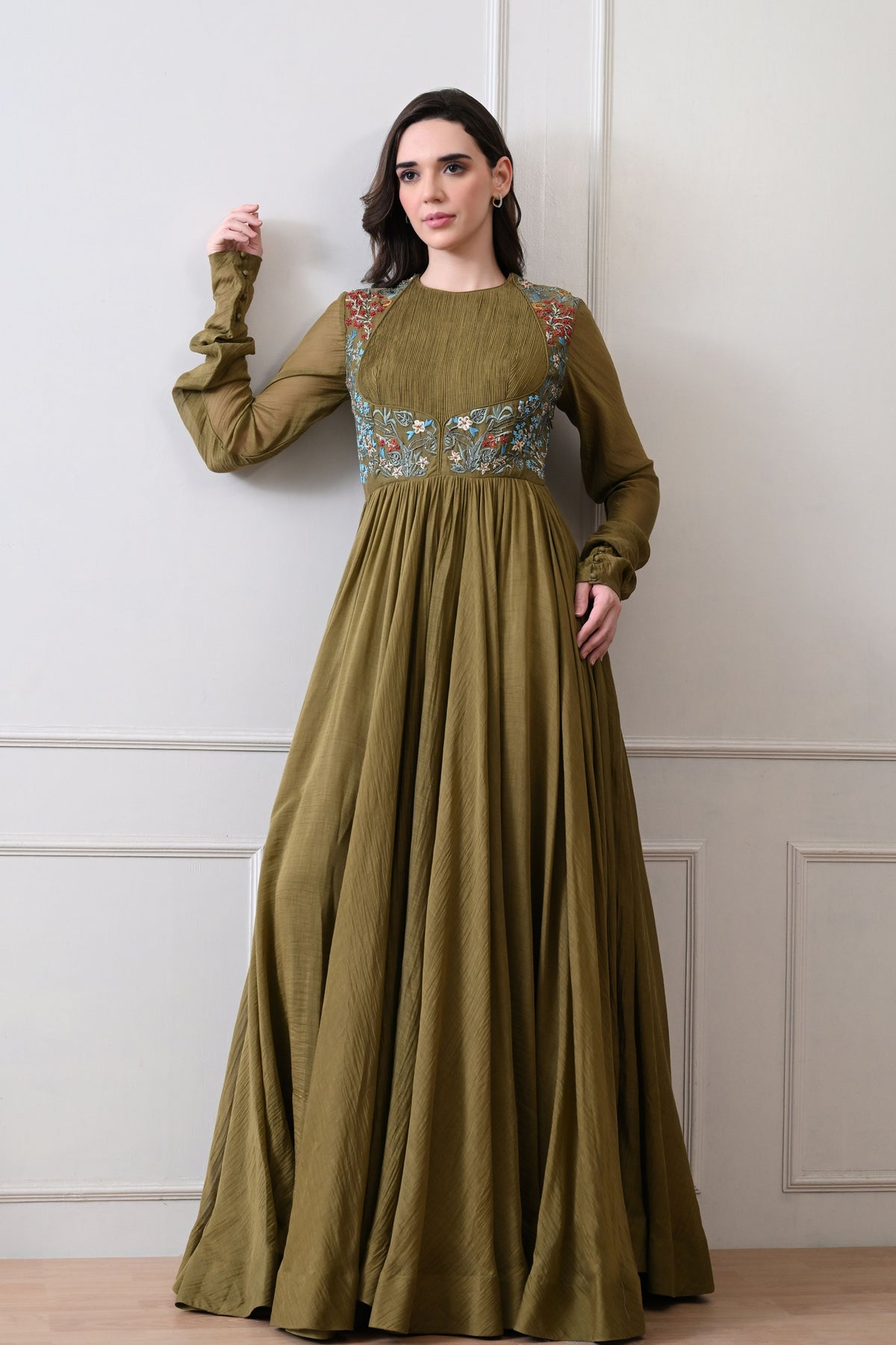 Olive Pintuck Bodice Embroidered Anarkali