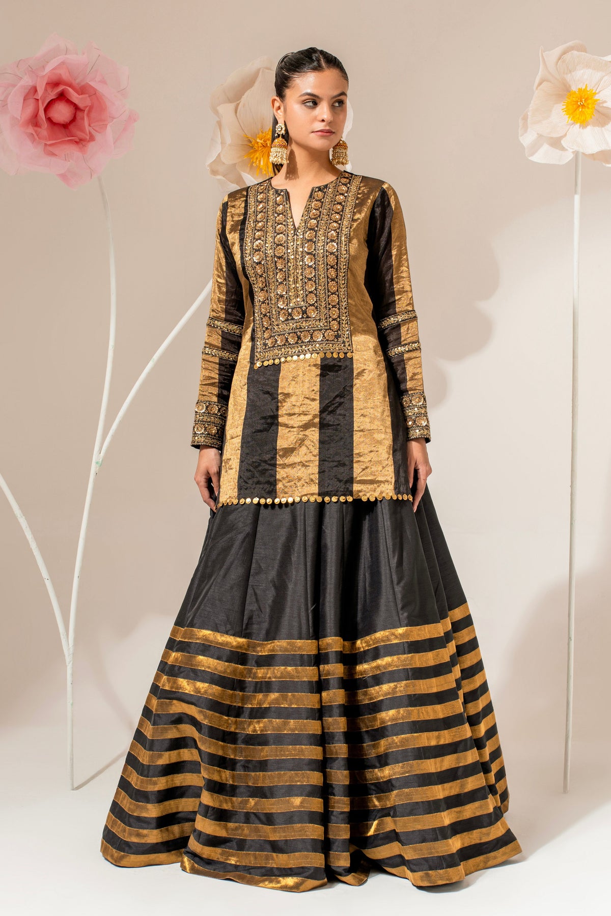 Black Embroidered Kurta Lehenga Set