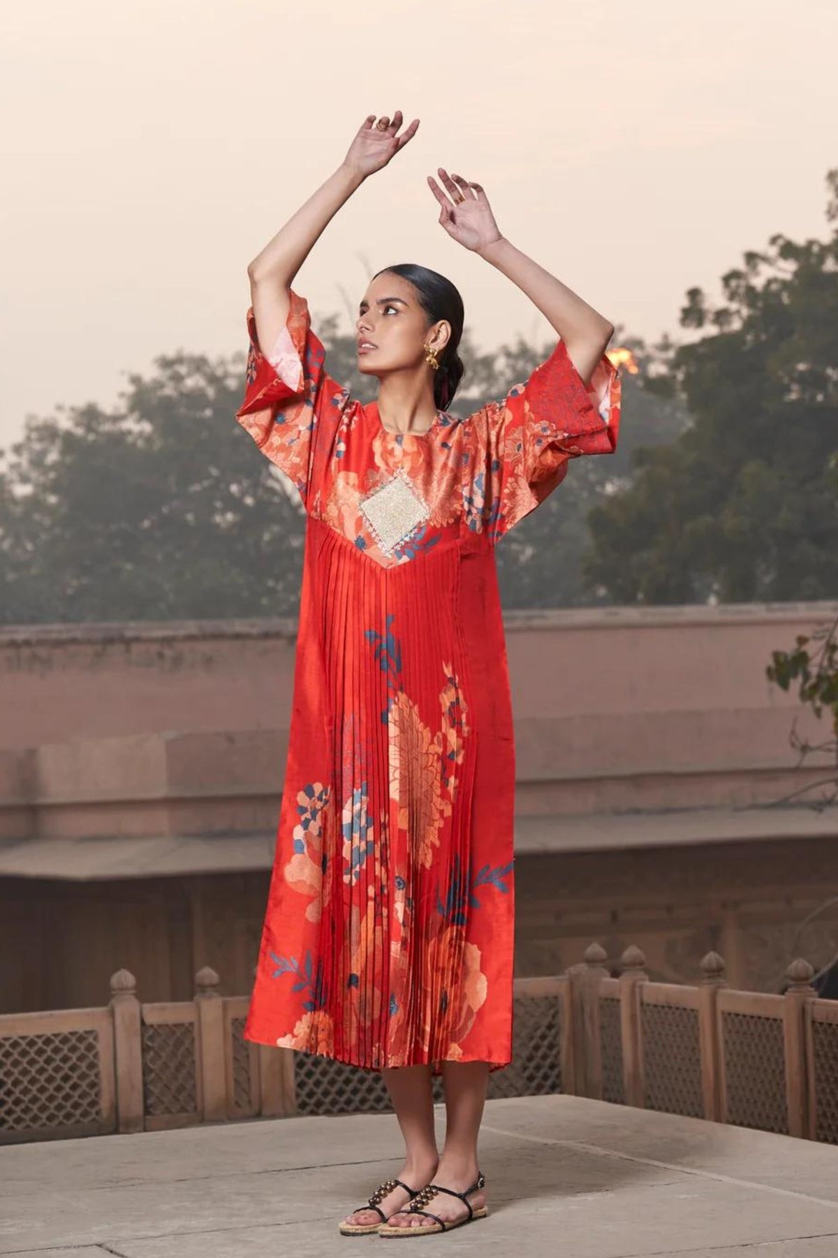 Red Moroccan Zardozi Buta Kimono Dress
